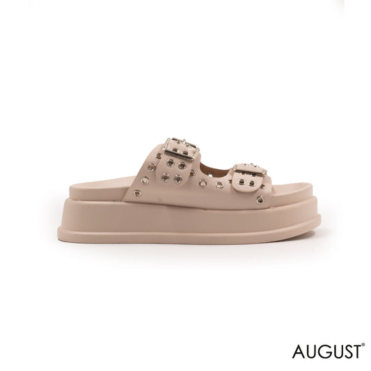 BEIGE LEATHER SLIPPERS WITH METAL EYELETS AND BUCKLE