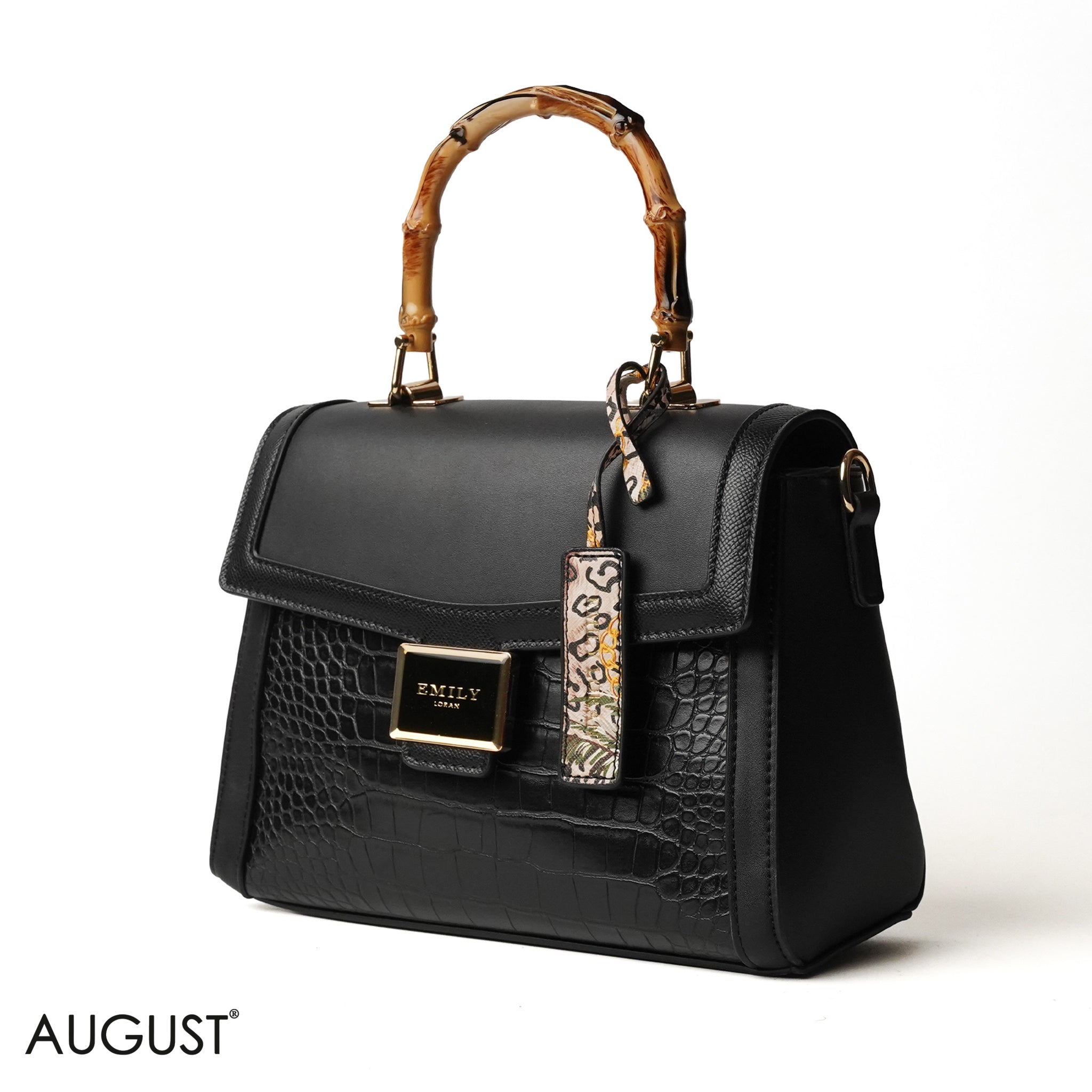 BLACK HAND BAG WITH CROCODILE PRINT - MEDIUM