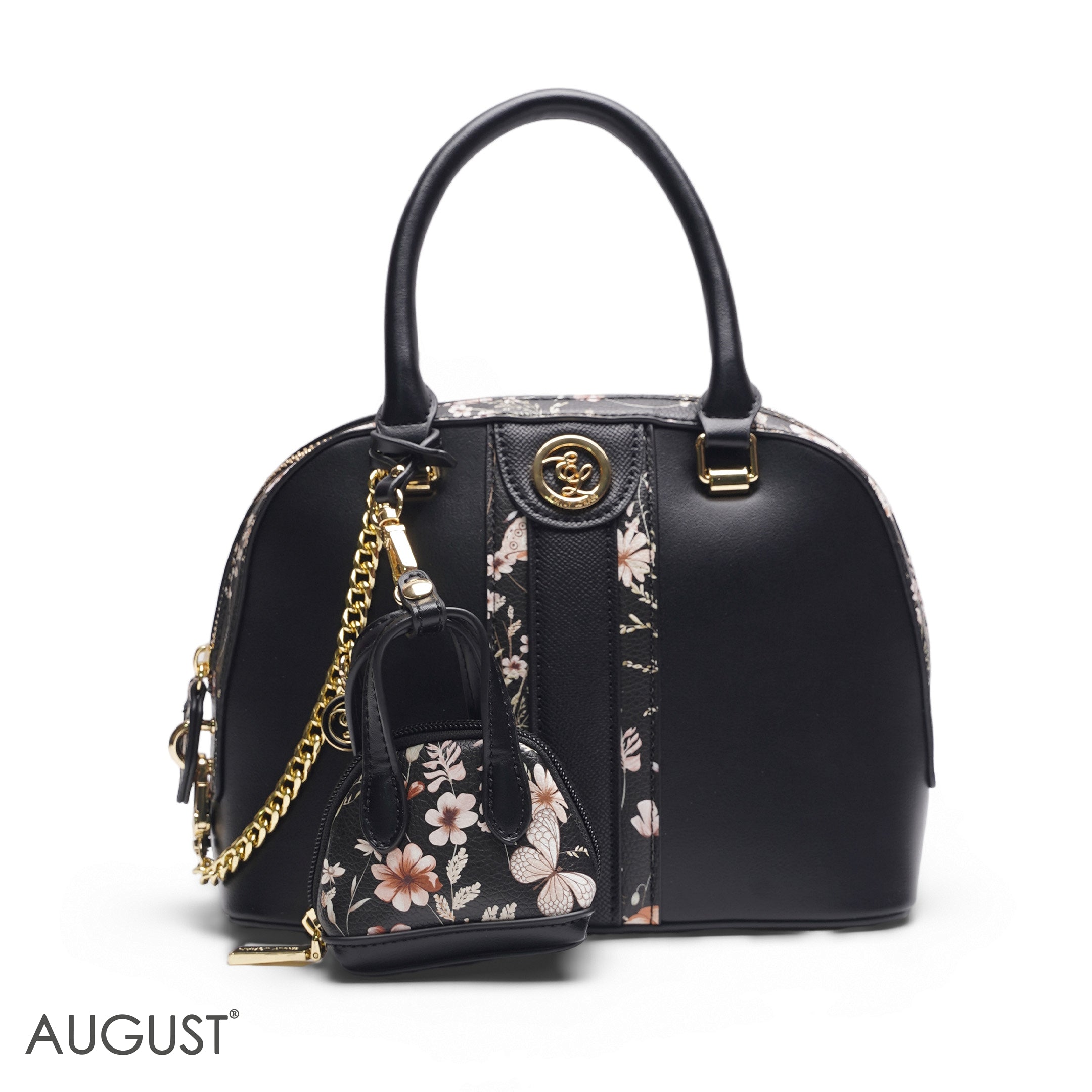 BLACK DOME BAG WITH PINK FLORAL PRINT - SMALL