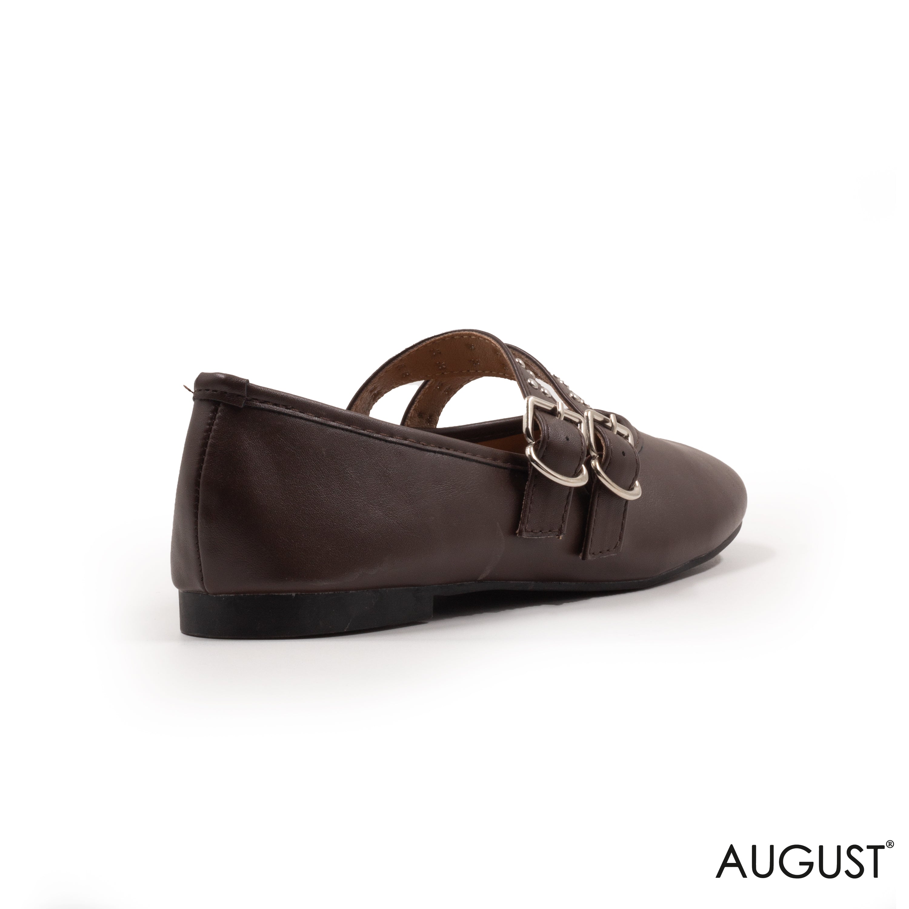 BROWN LEATHER BALLET FLAT WITH BUCKLED