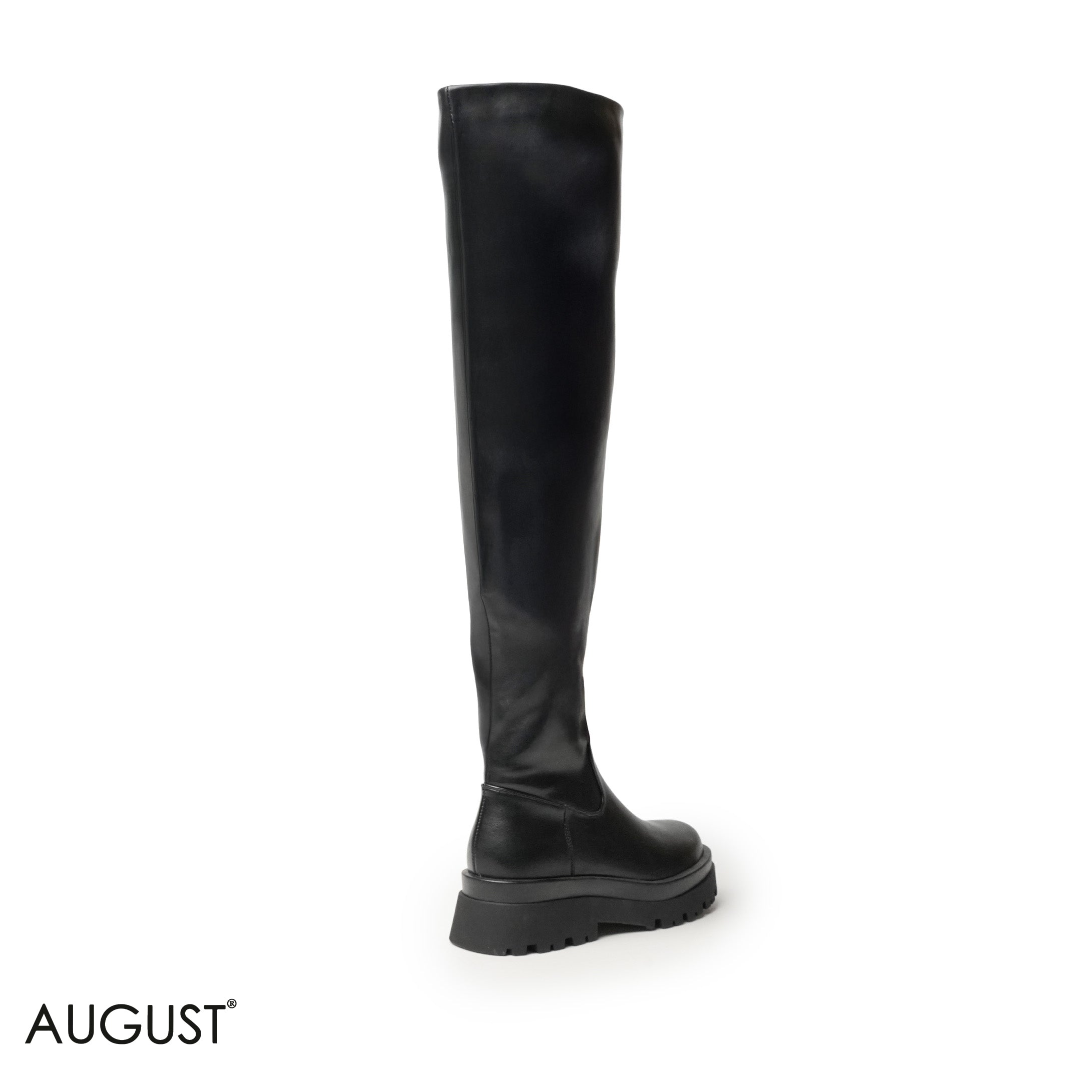 BLACK SHINY LEATHER KNEE-HIGH BOOTS WITH THICK SOLE