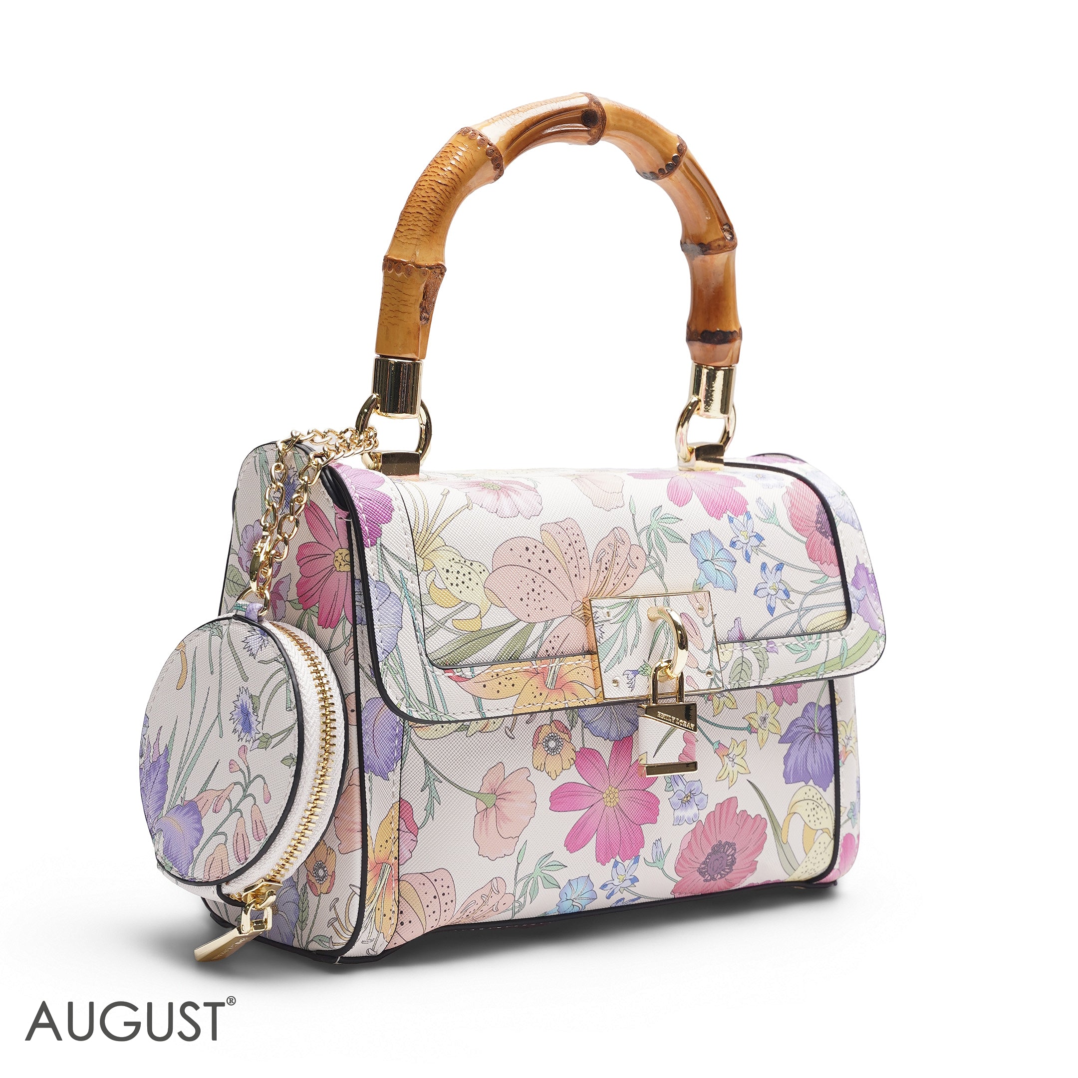 FLORAL BAMBOO HANDLE BAG WITH ROUND POUCH