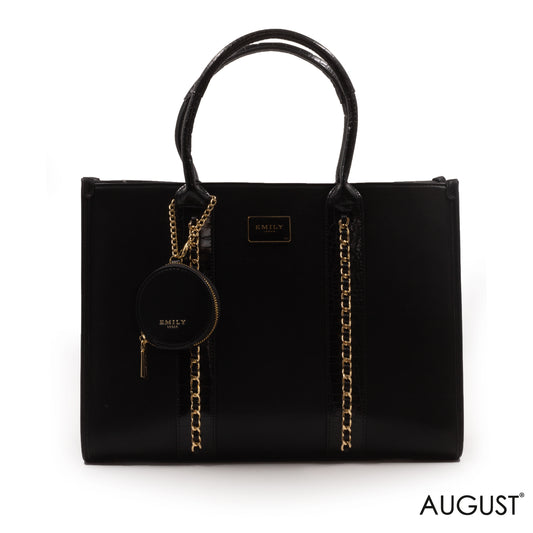 BLACK LEATHER EMILY LORAN HANDBAG WITH CHAIN DETAIL -LARGE