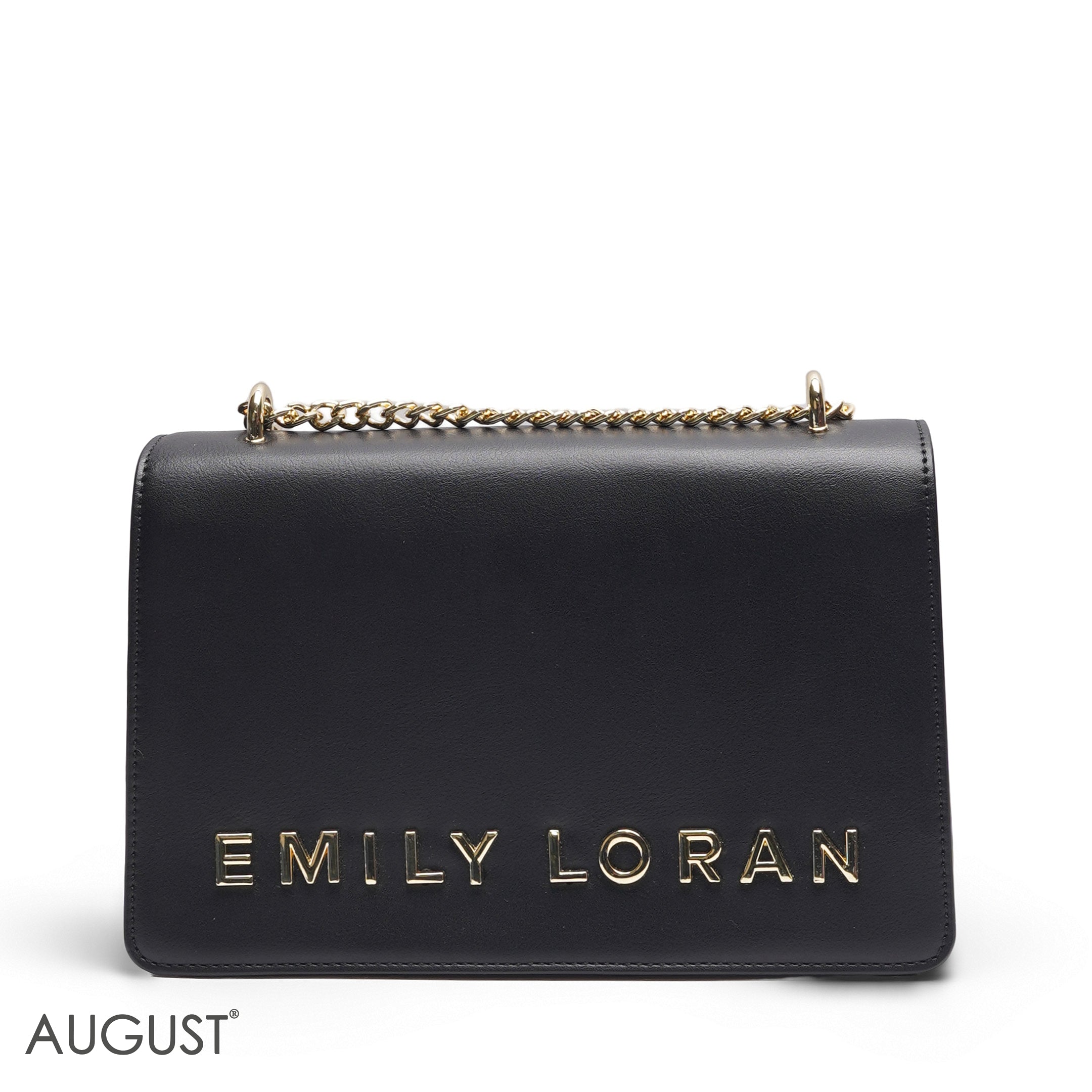 EMILY LORAN SOLID BLACK METALLIC LOGO FLAP BAG