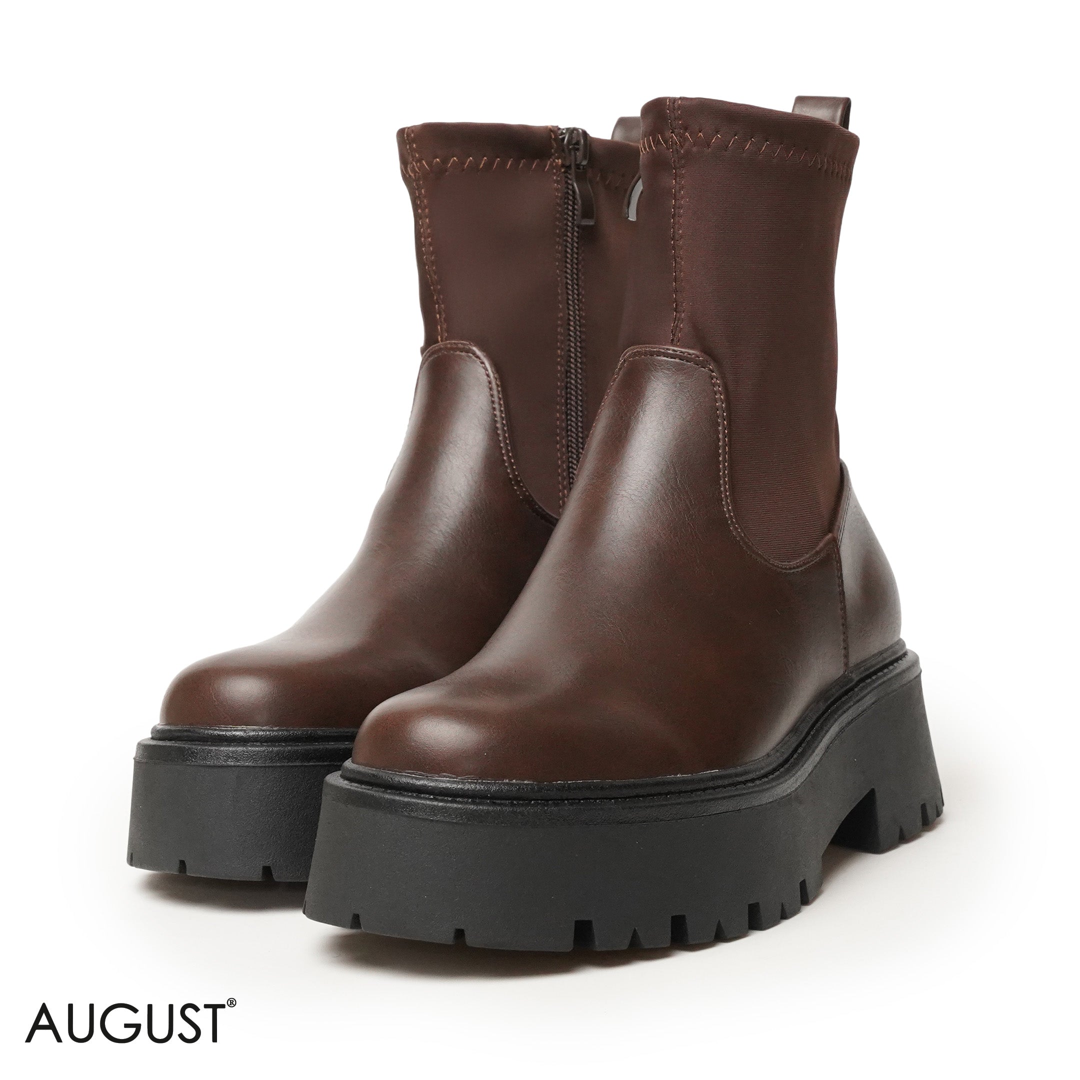 BROWN LEATHER ANKLE BOOTS WITH THICK SOLE,BACK ZIPPER