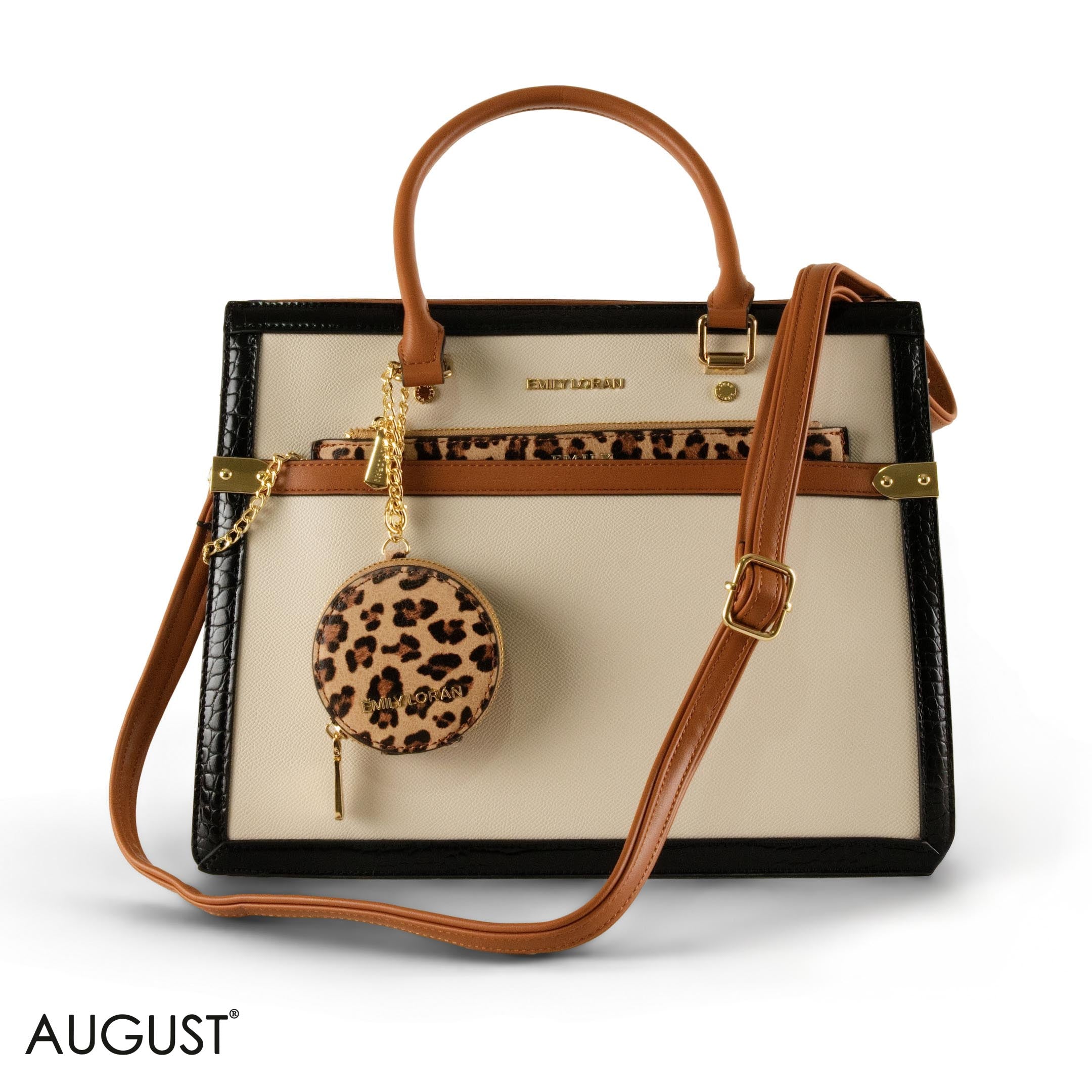 CREAMY LEATHER EMILY LORAN HANDBAG WITH TIGER DETAILS - LARGE