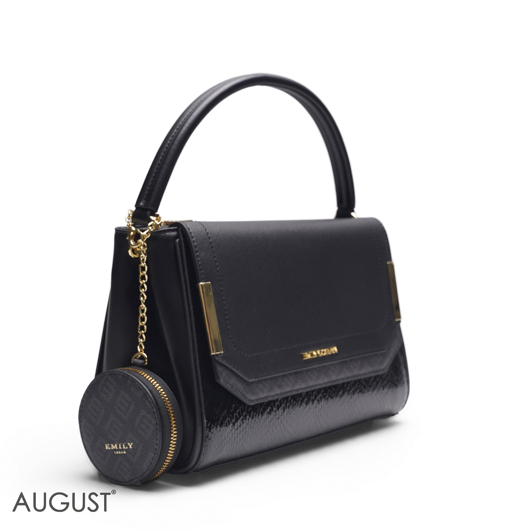 EMILY SOLID BLACK SATCHEL BAG WITH ROUND POUCH - MED