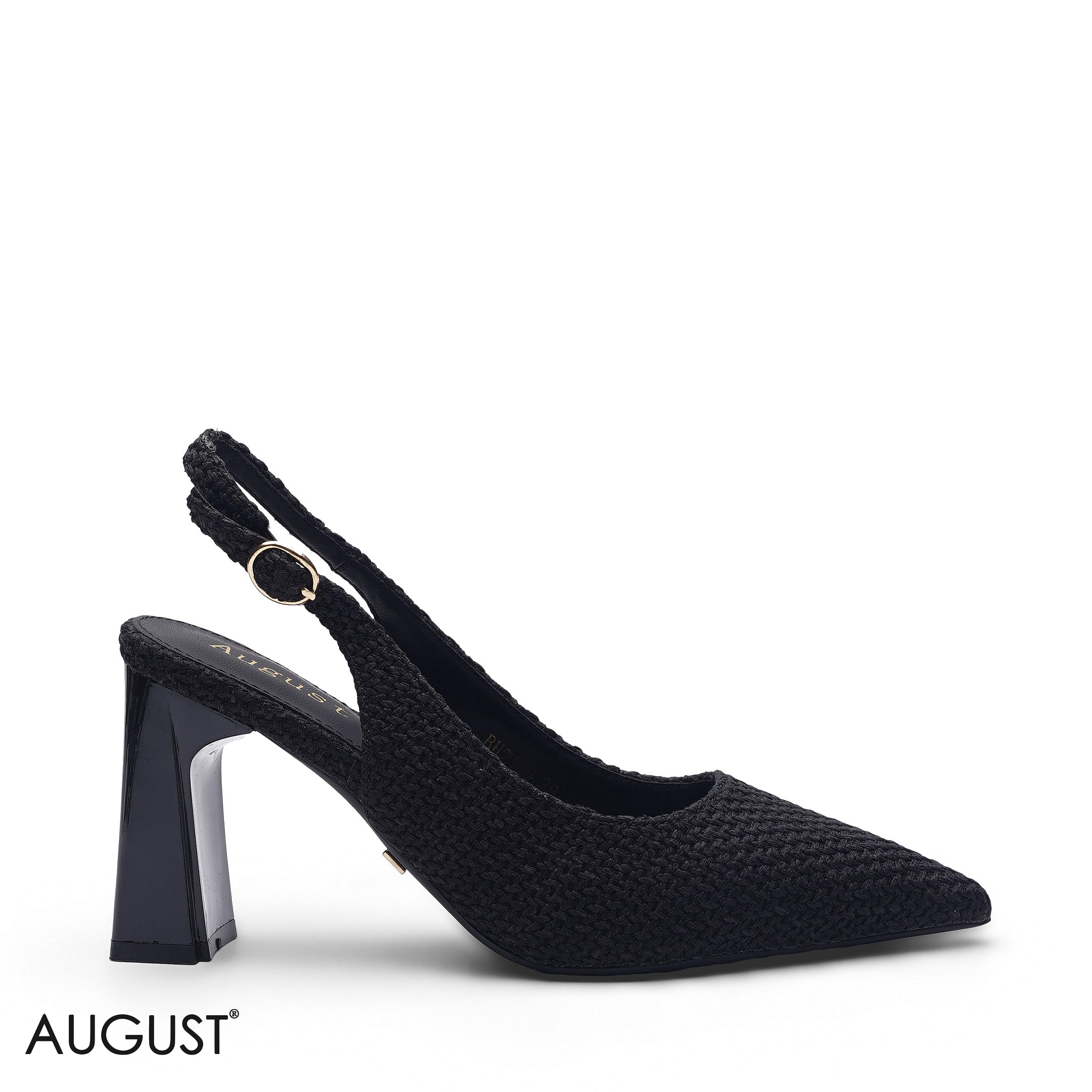 BLACK WOVEN TEXTURE POINTED TOE BLOCK HEEL