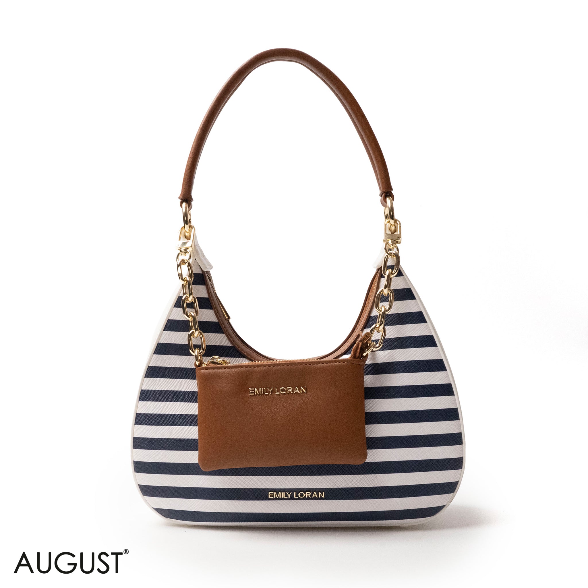 MODERN STRIPPED NAVY LEATHER HANDBAG WITH METAL CHAIN - MED