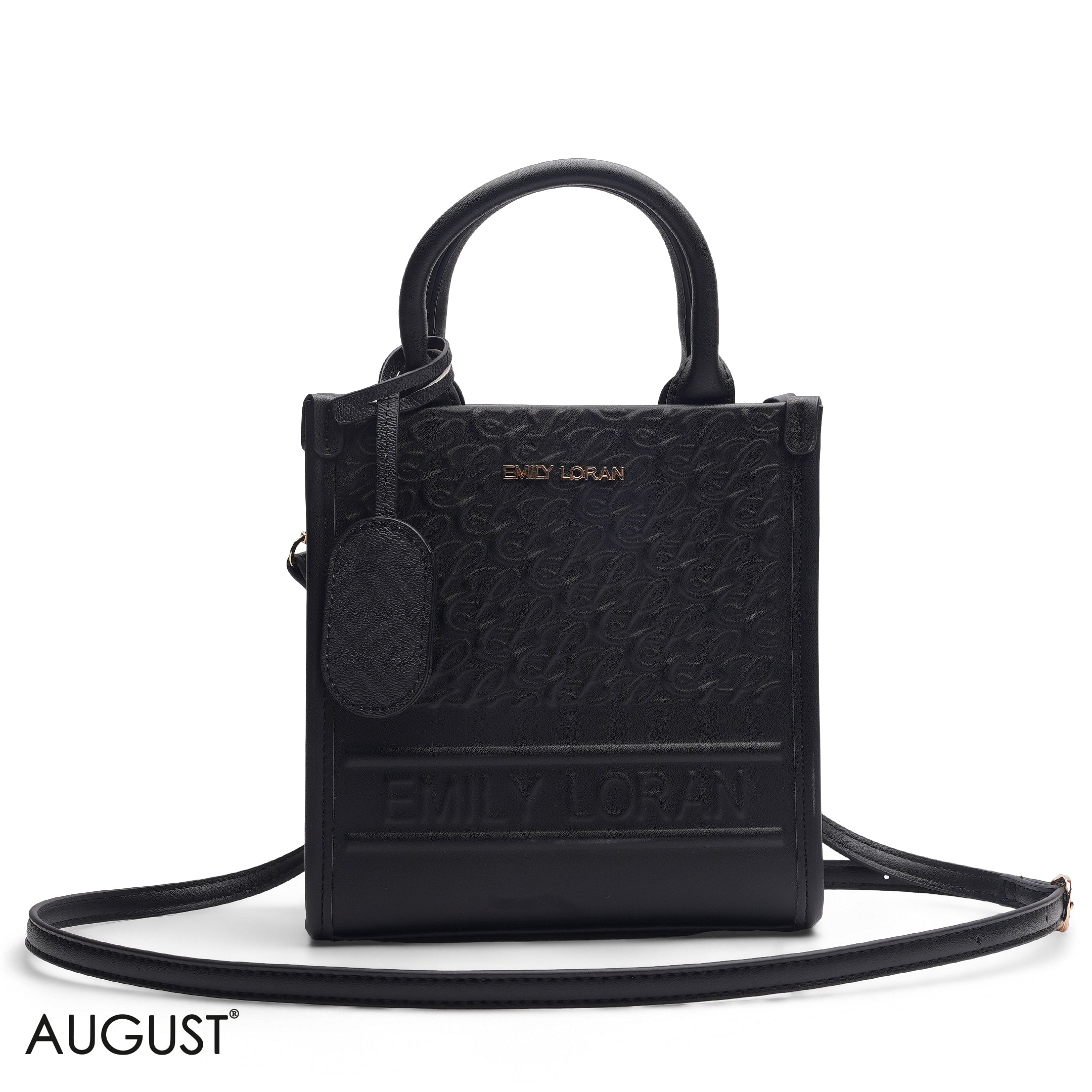BLACK EMBOSSED LOGO TOP HANDLE TOTE BAG