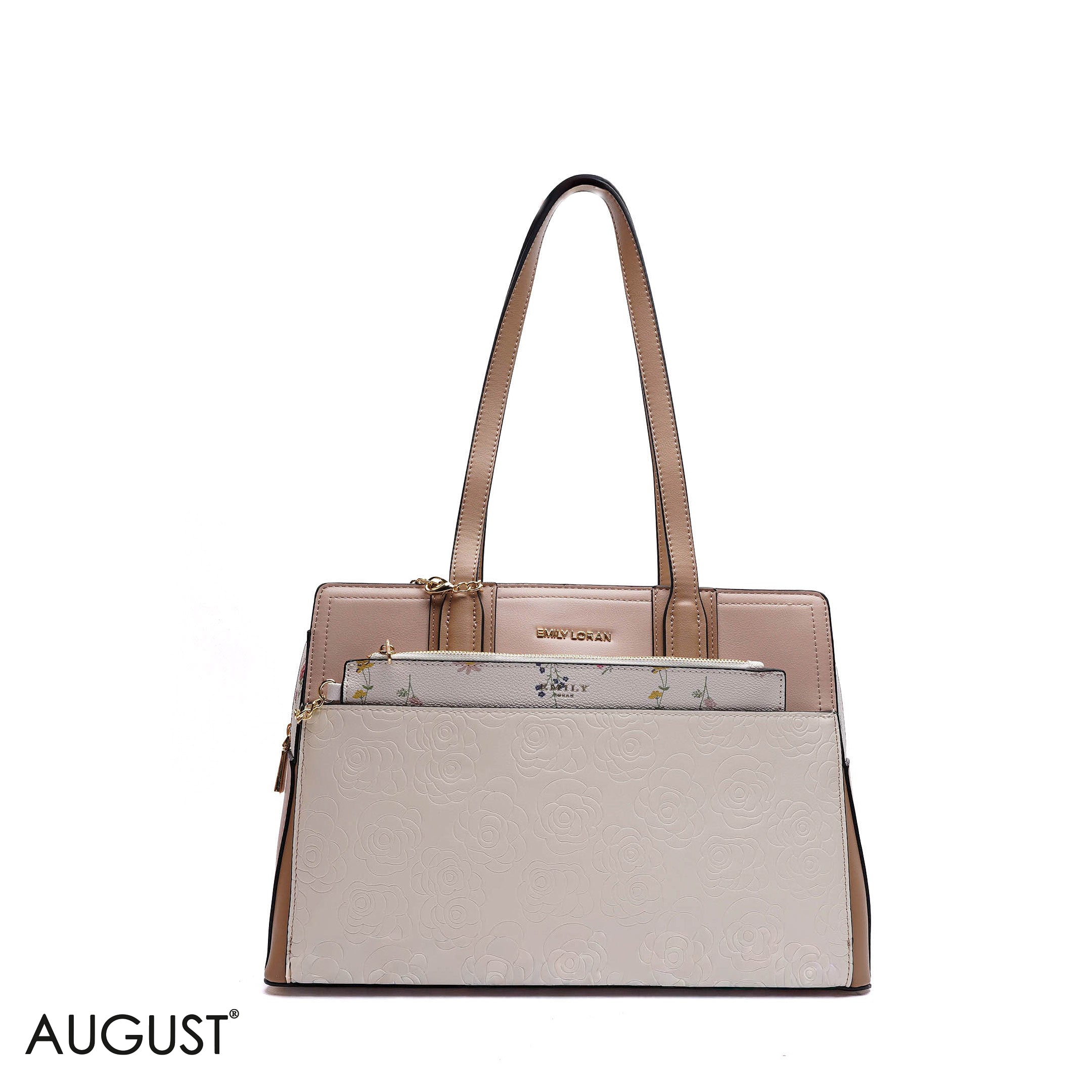 EMBOSSED FLORAL HANDBAG WITH POUCH - LARGE