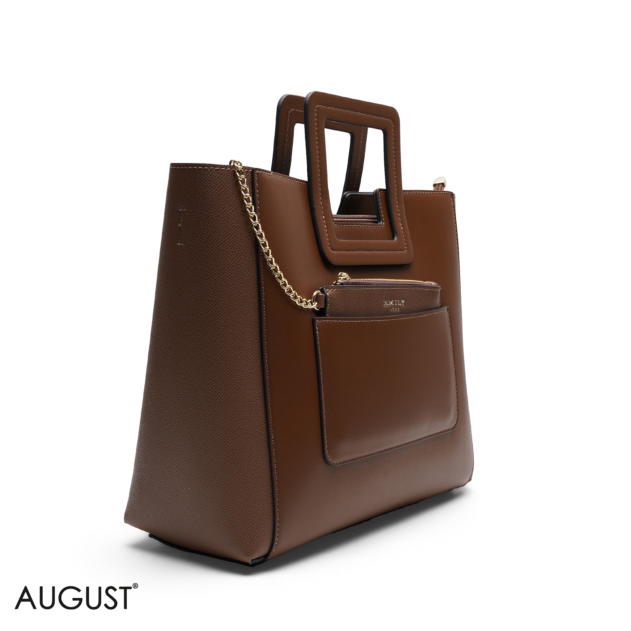 BROWN TEXTURED LEATHER TOTE WITH SNAKESKIN POUCH BAG