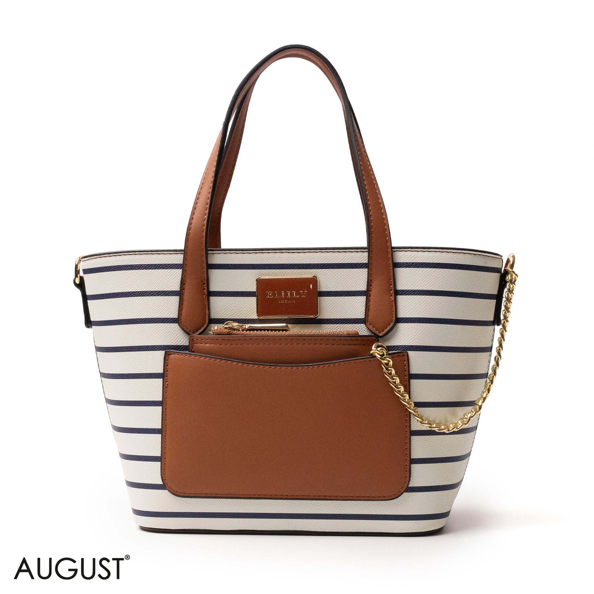 LEATHER HANDBAG WITH STRIPED NAVY ACCENTS - MED