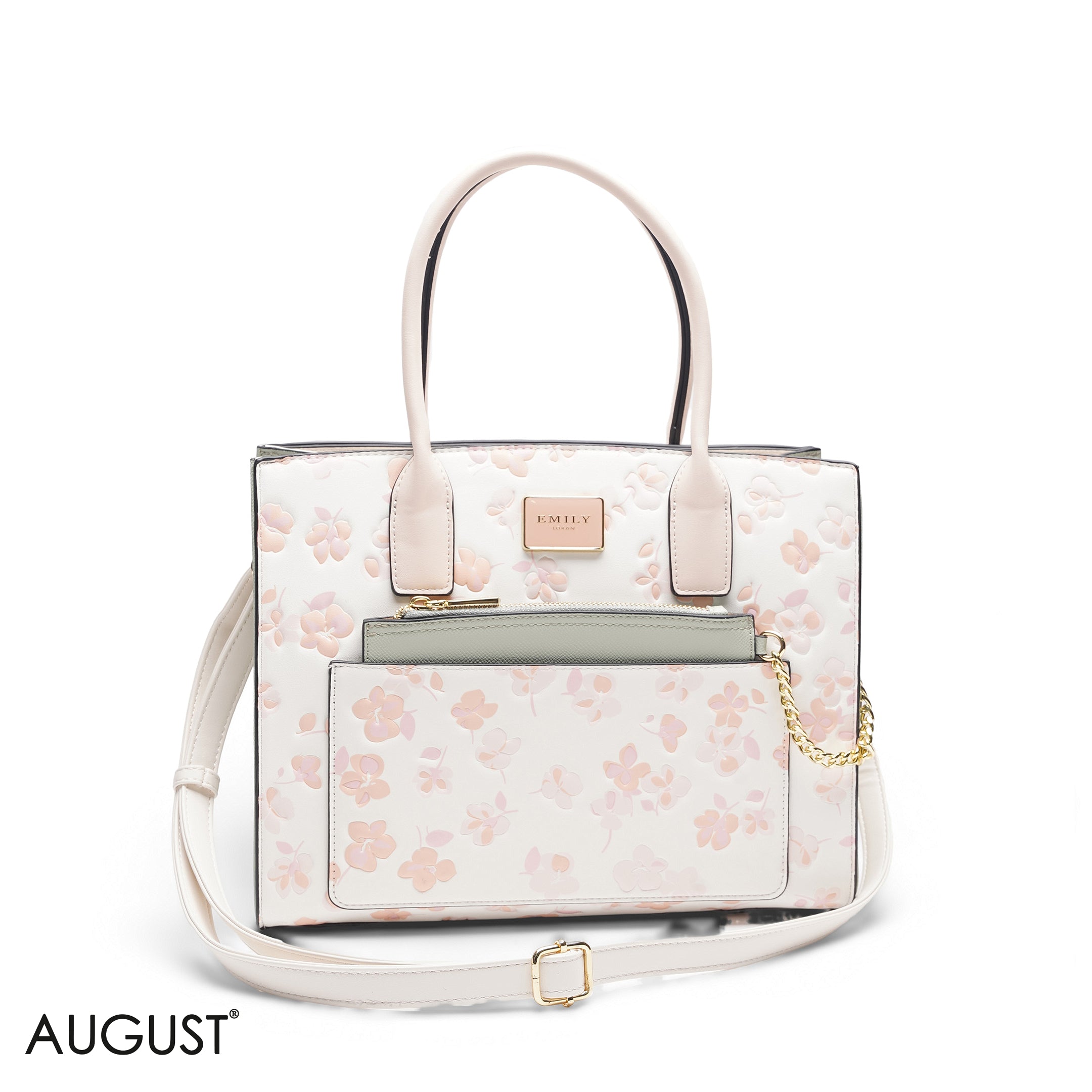 WHITE FLORAL TOTE WITH GREEN POUCH