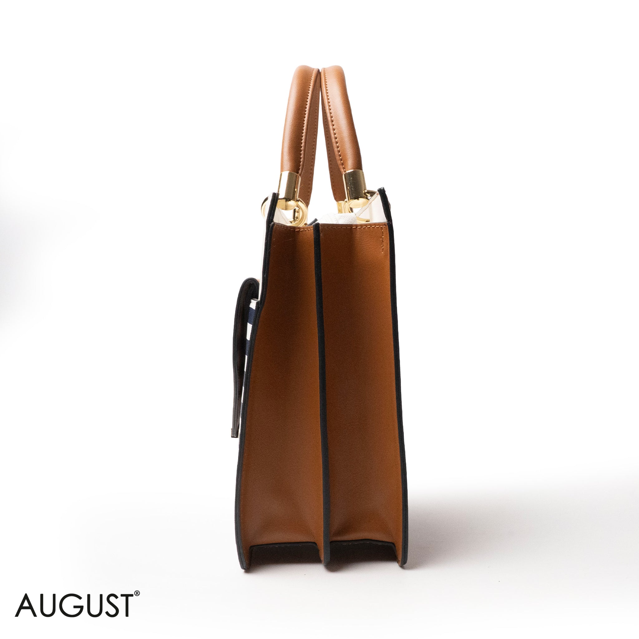 STRIPED NAVY LEATHER HANDBAG WITH FLAP - LARGE