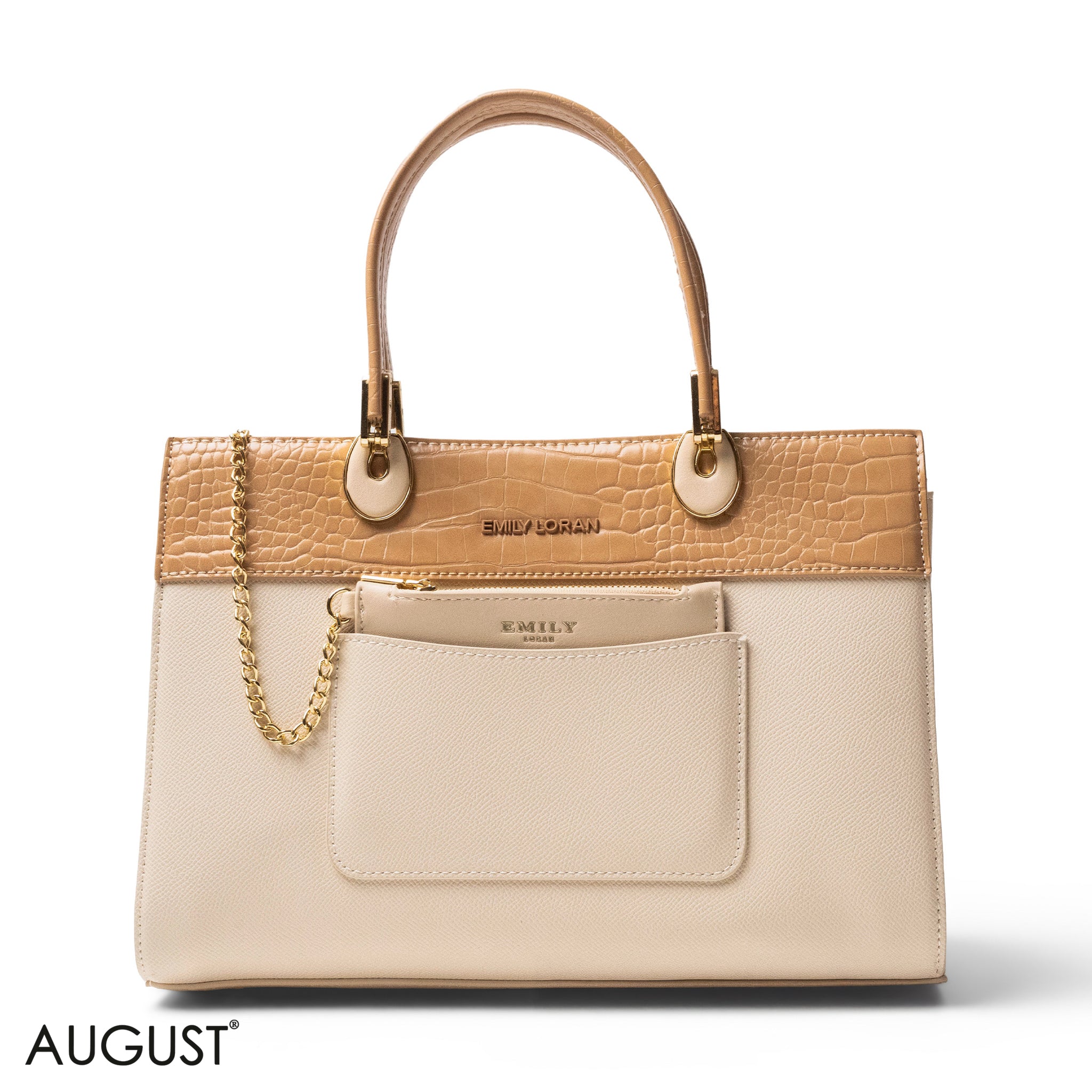 BEIGE LEATHER SMOOTH HANDBAG WITH CROC DETAILS-LARGE