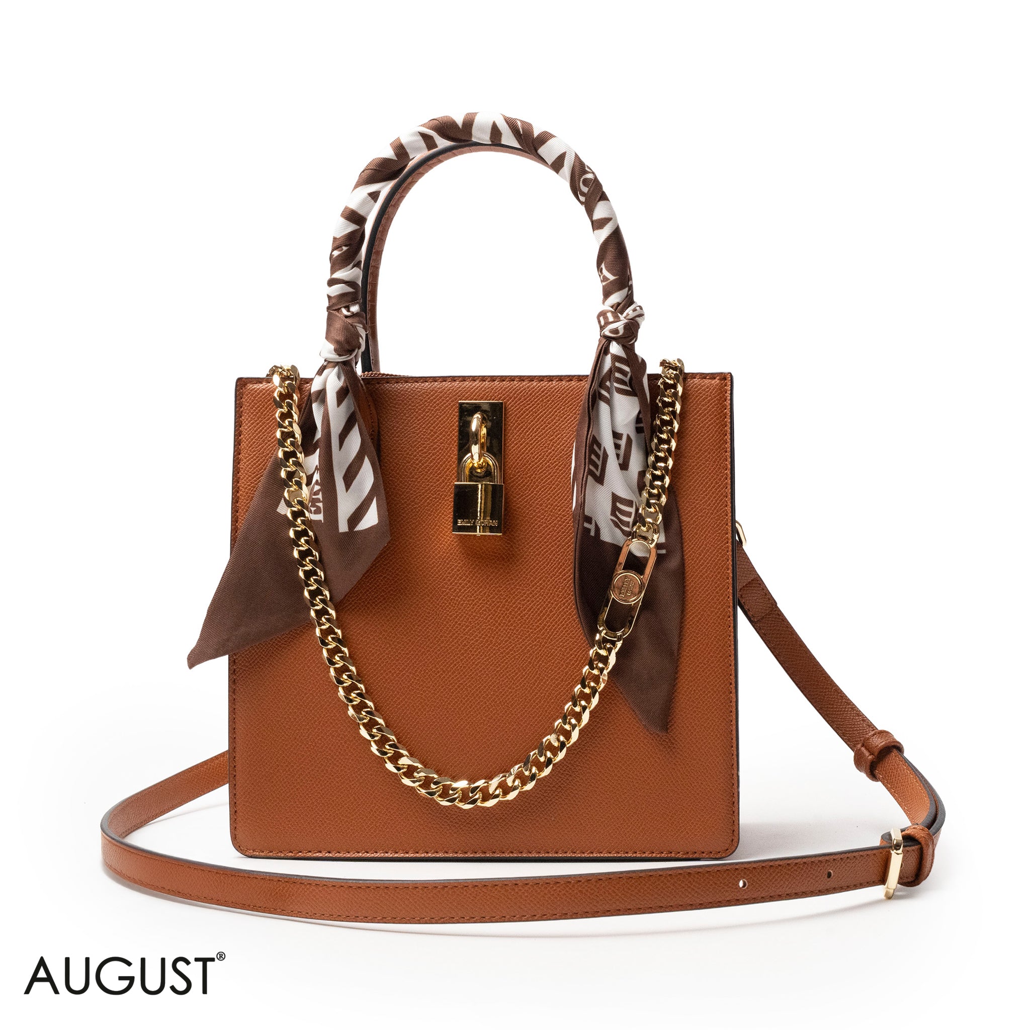 CAMEL LEATHER HANDBAG WITH SILKY SCARF, METAL CHAIN - MED