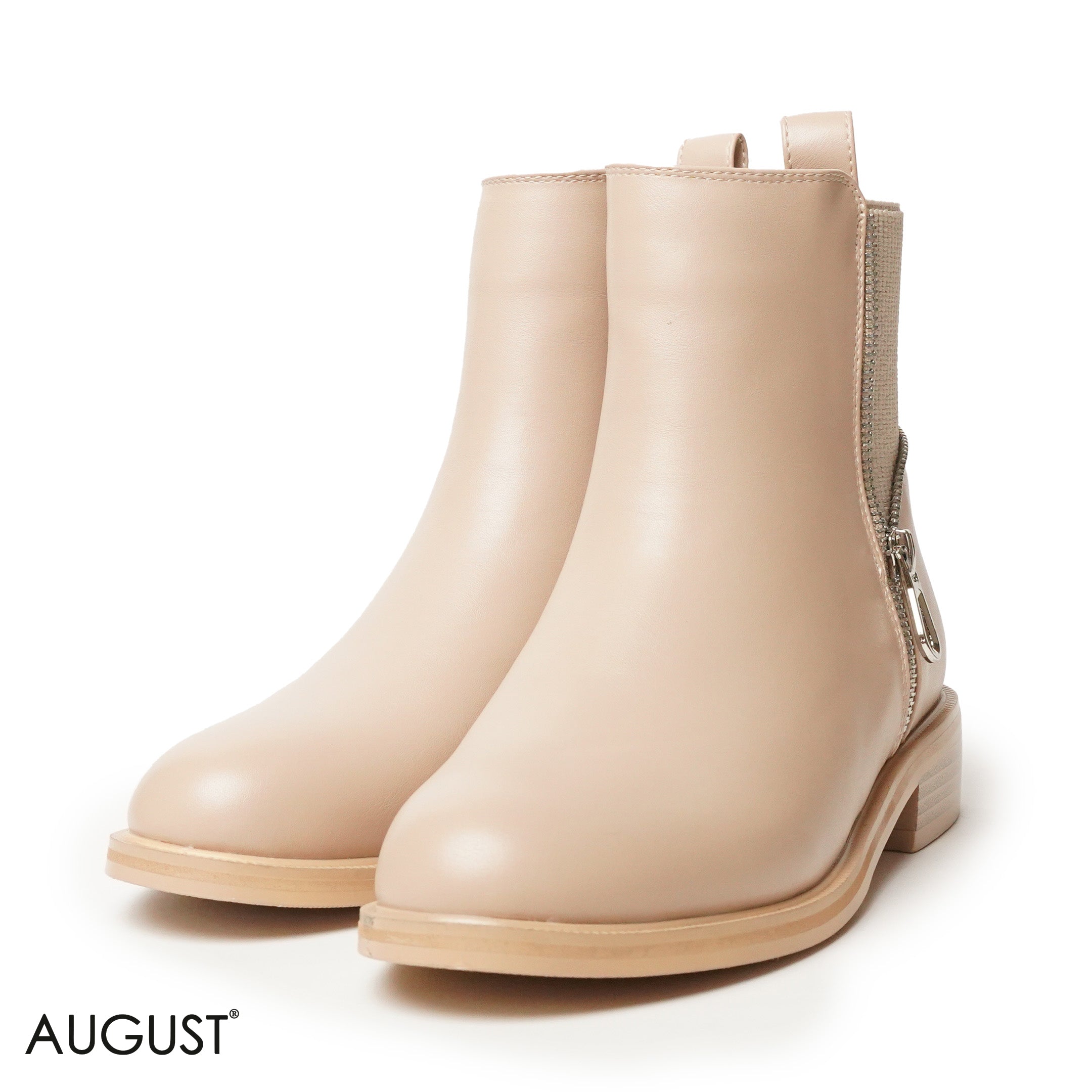 BEIGE LEATHER ANKLE BOOTS WITH ZIPPER DETAIL