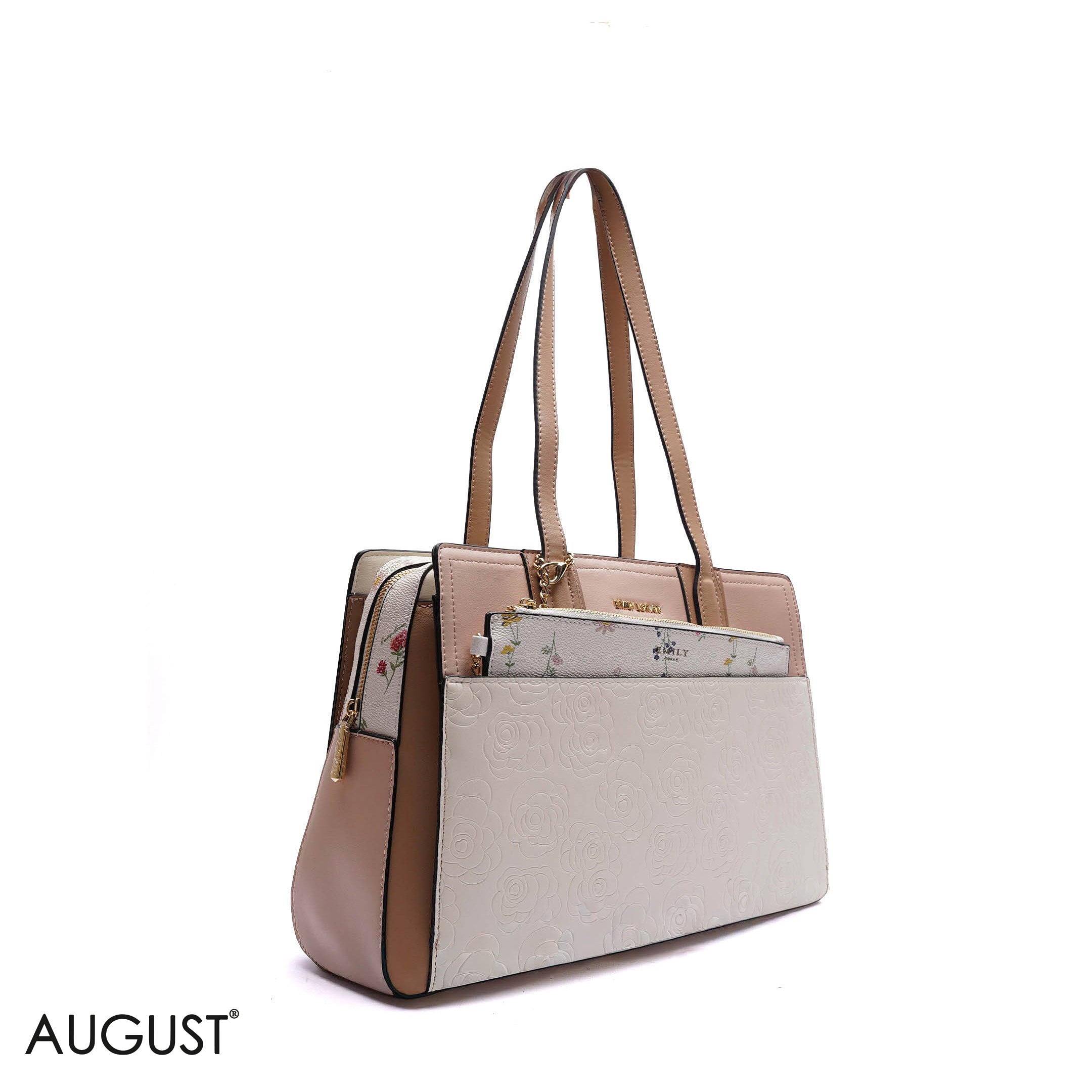 EMBOSSED FLORAL HANDBAG WITH POUCH - LARGE