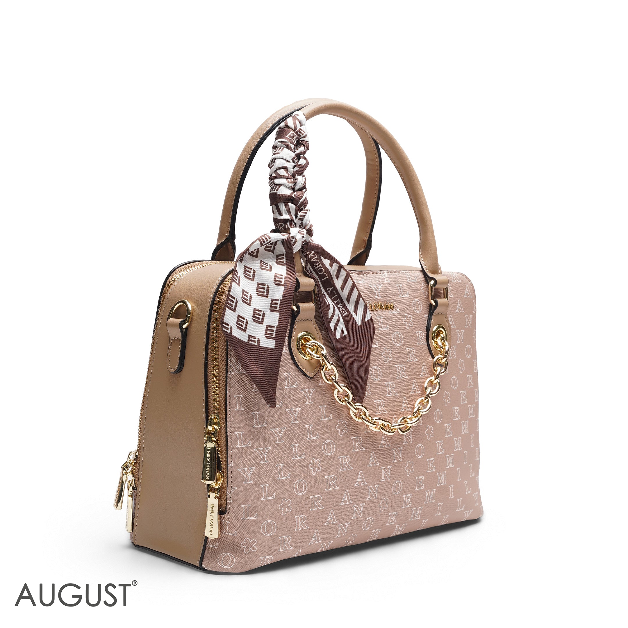 BEIGE EMILY LETTER PRINT SATCHEL BAG WITH SCARF ACCENT - MED