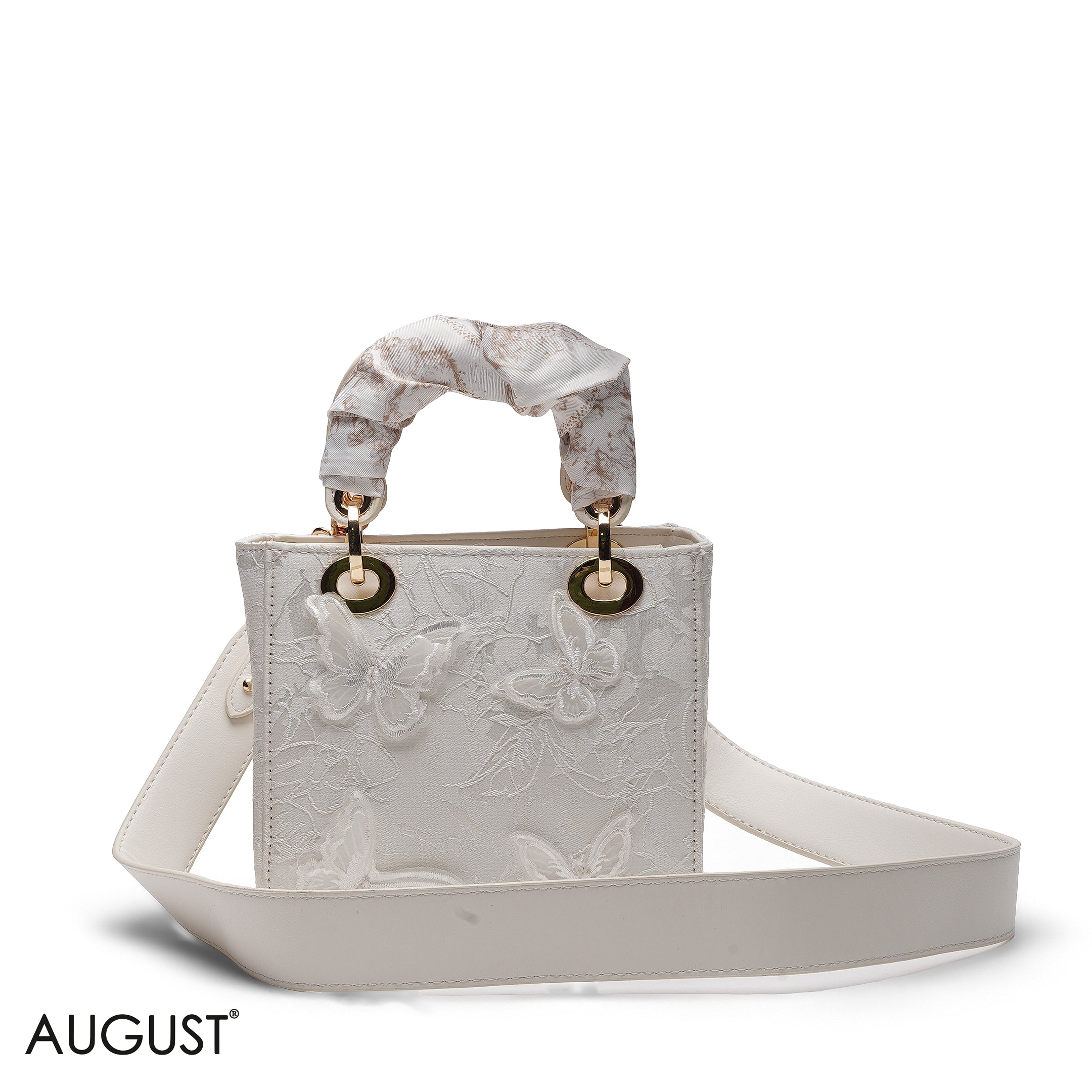 WHITE BUTTERFLY EMBROIDERED LACE MINI TOTE BAG