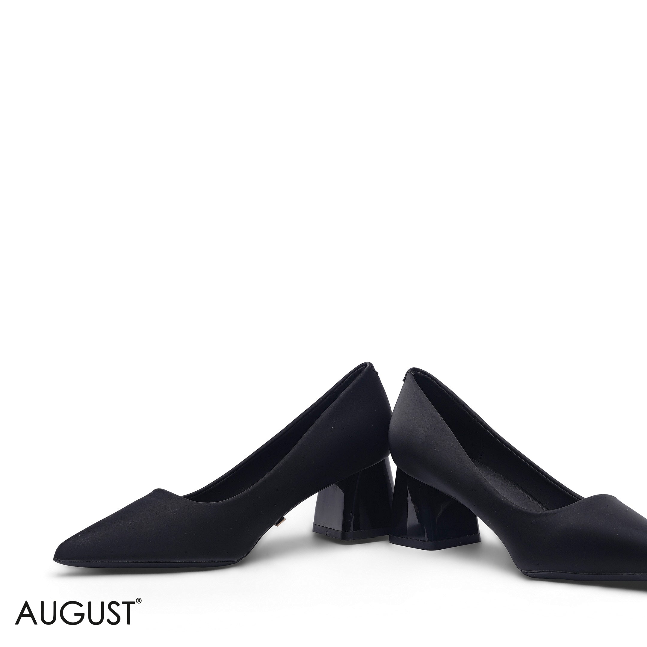 BLACK SMOOTH MATTE LEATHER POINTED BLOCK HEEL