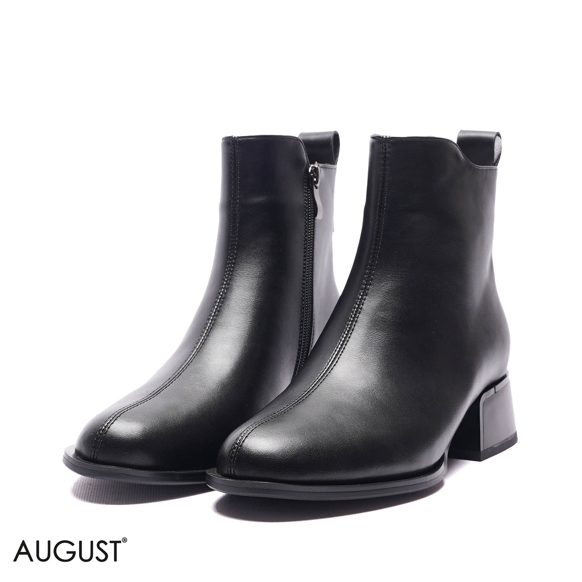 CENTER-SEAM LOW BLOCK HEEL ANKLE BOOTS