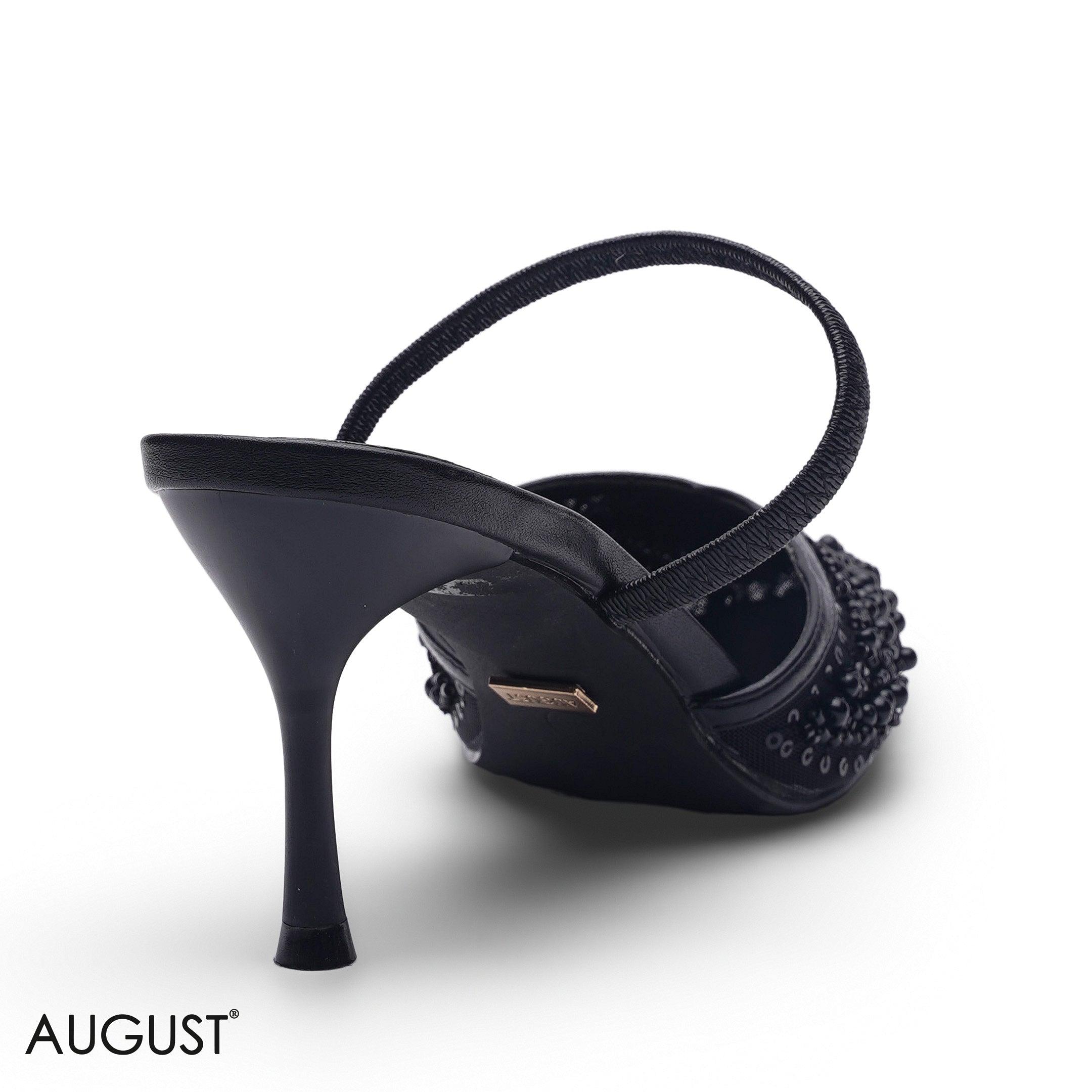 BLACK MESH POINTED-TOE HEELS WITH SEQUIN EMBELLISHMENTS
