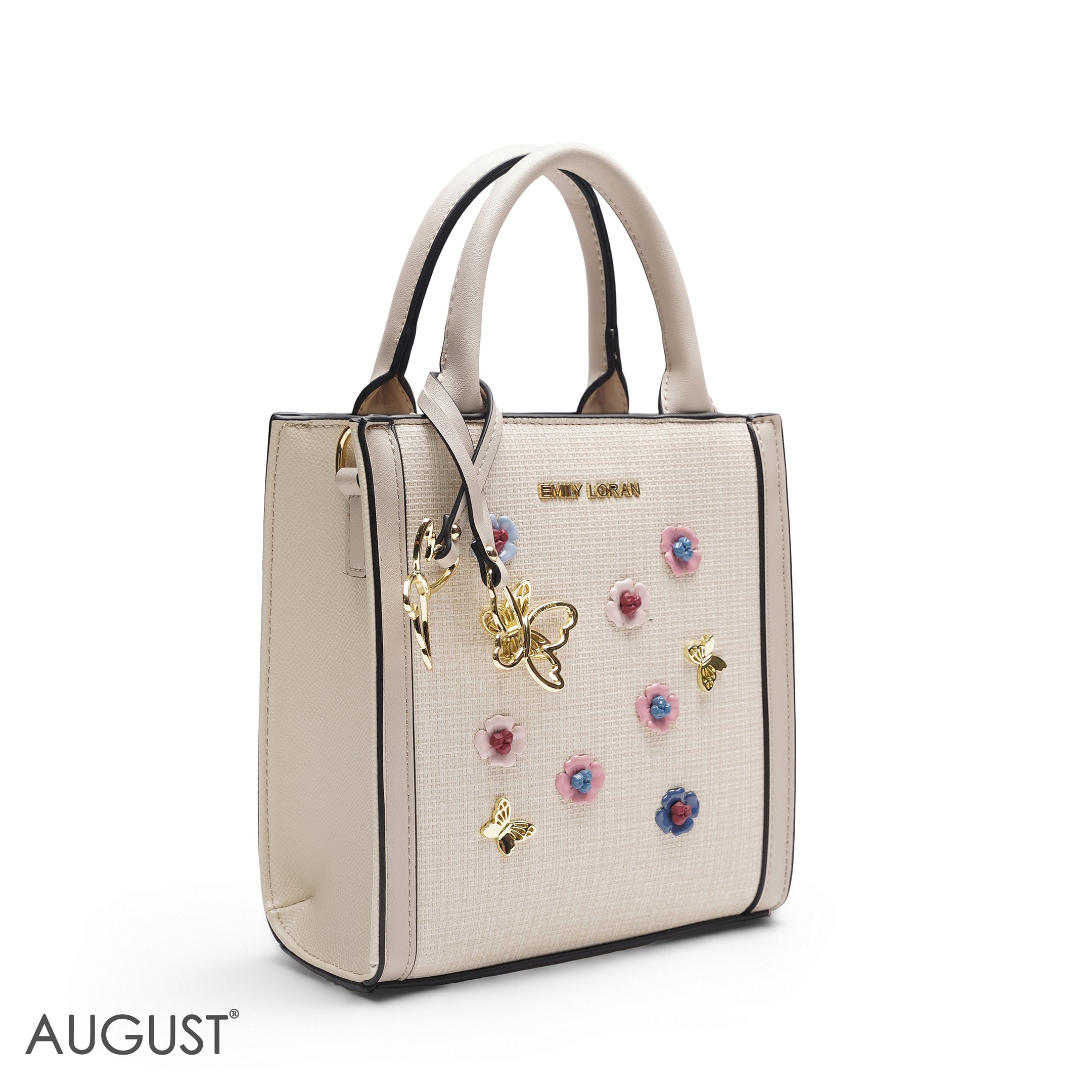 BEIGE SQUARE TOTE WITH FLORAL APPLIQUÉS - SMALL