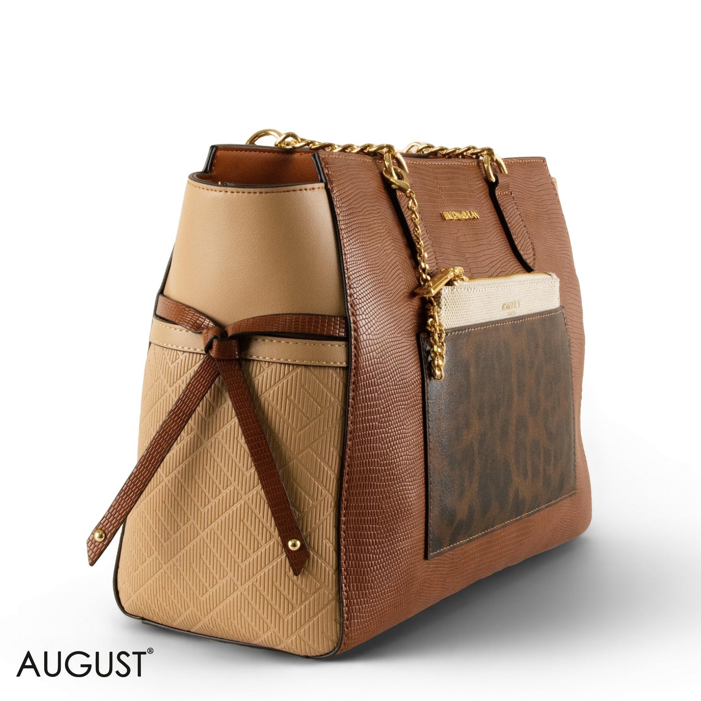 BROWN LEATHER SHOULDER BAG WITH LEOPARD ACCENTS - LARGE