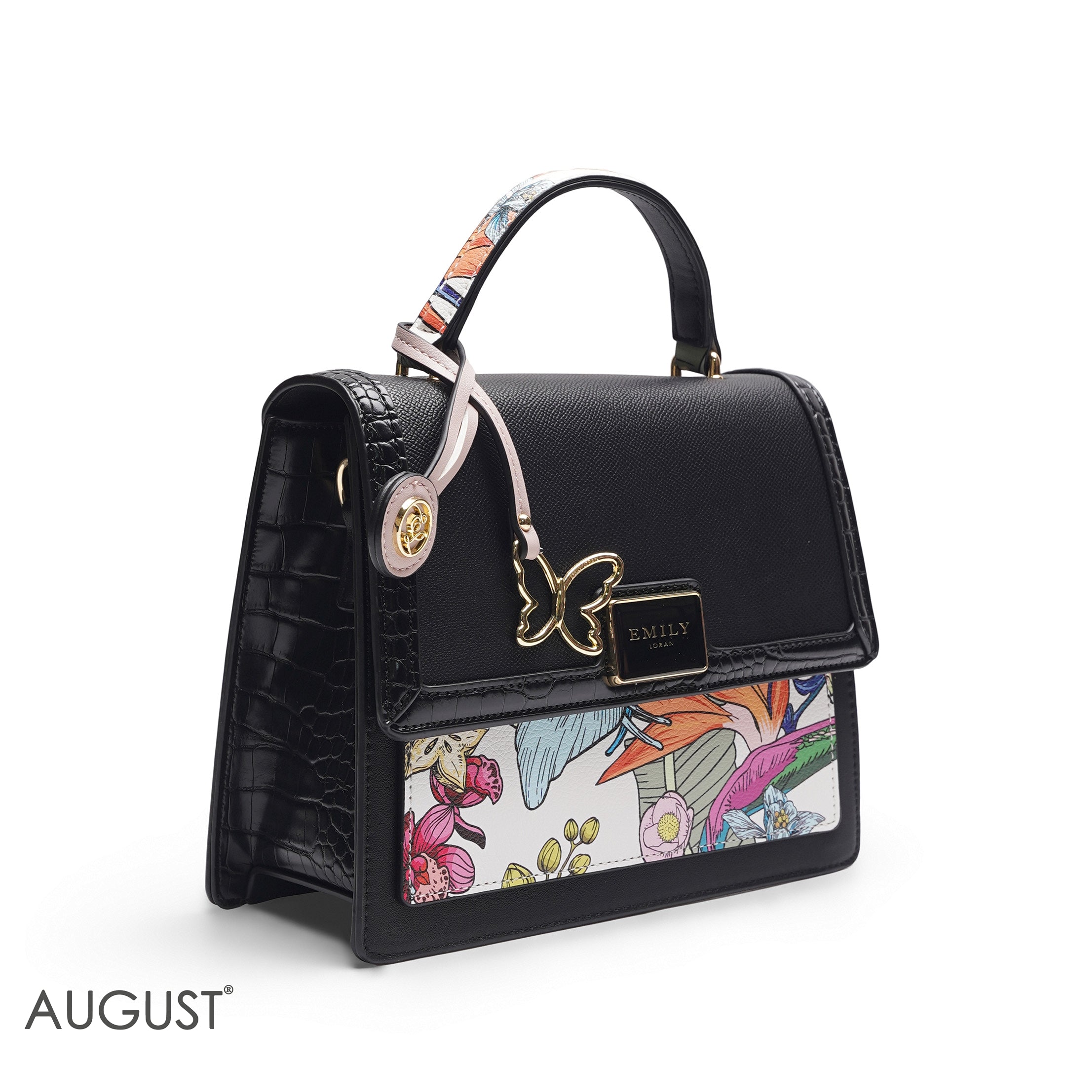EMILY SOLID BLACK TROPICAL SATCHEL BAG WITH BUTTERFLY CHARM - MED