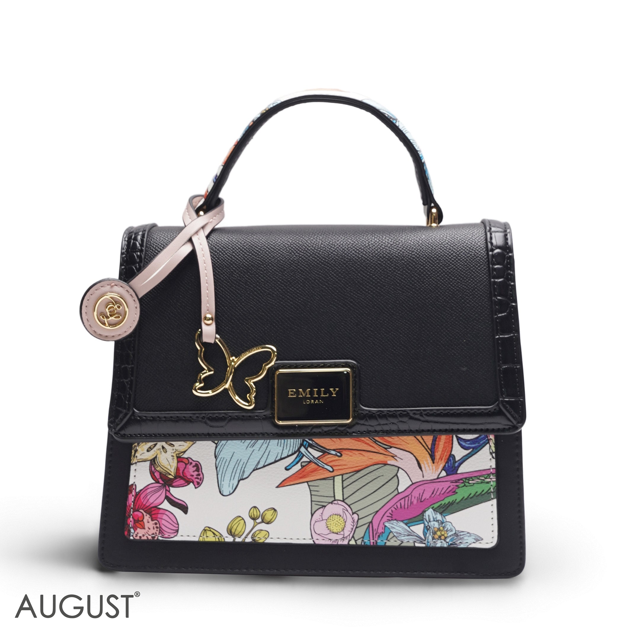 EMILY SOLID BLACK TROPICAL SATCHEL BAG WITH BUTTERFLY CHARM - MED