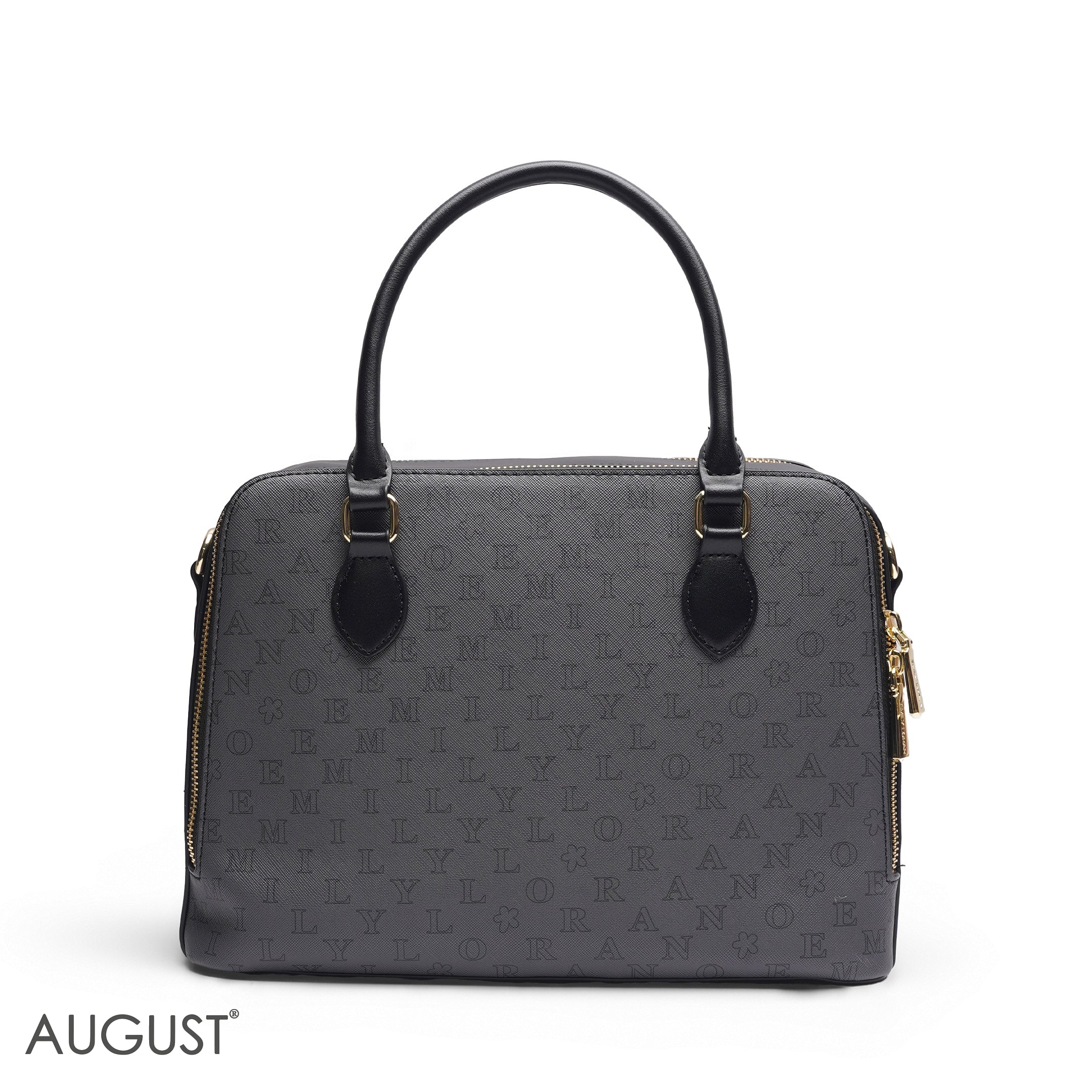 BLACK EMILY LETTER PRINT SATCHEL BAG WITH SCARF ACCENT - MED
