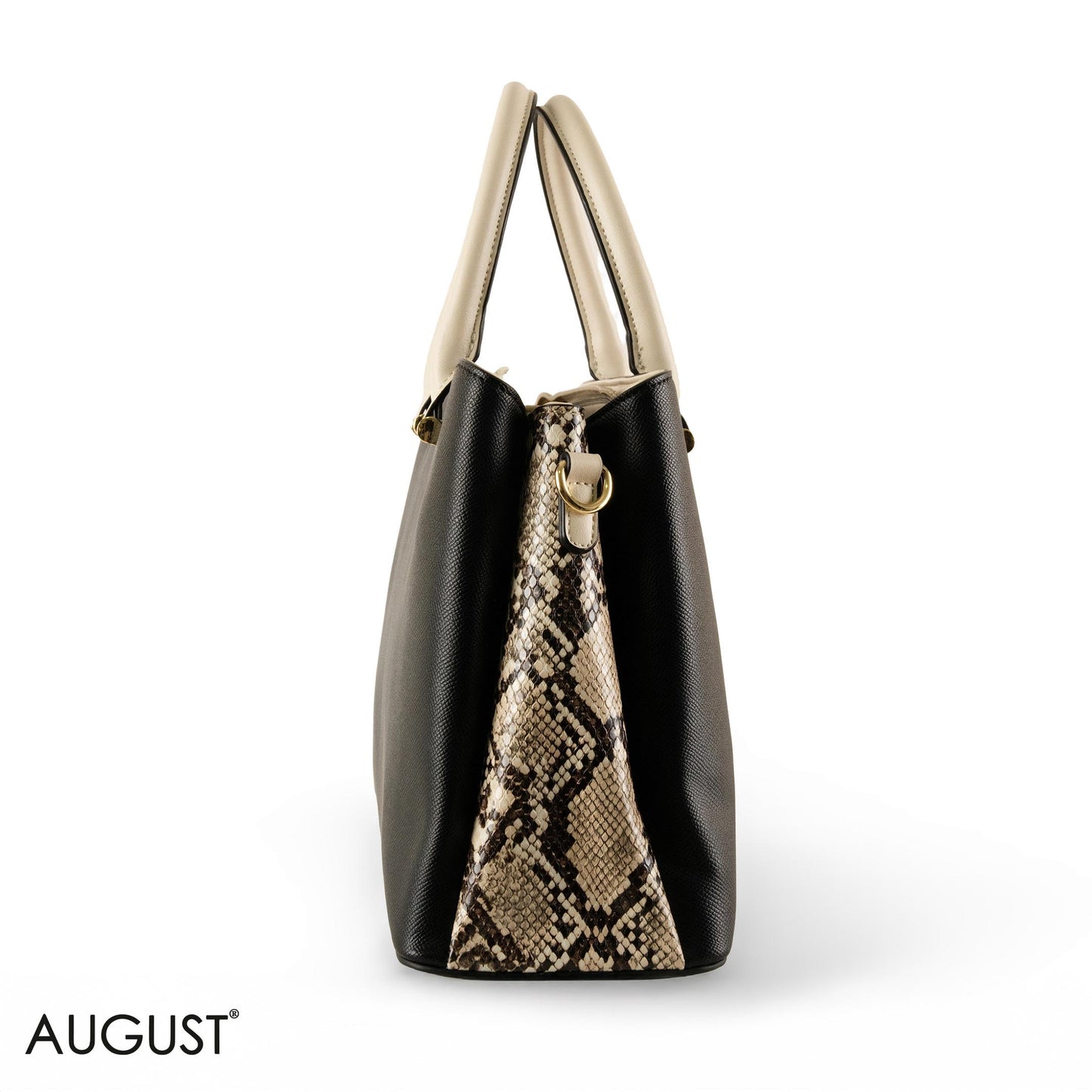 BLACK SMOOTH LEATHER HANDBAG WITH SNAKE ACCENTS - LARGE