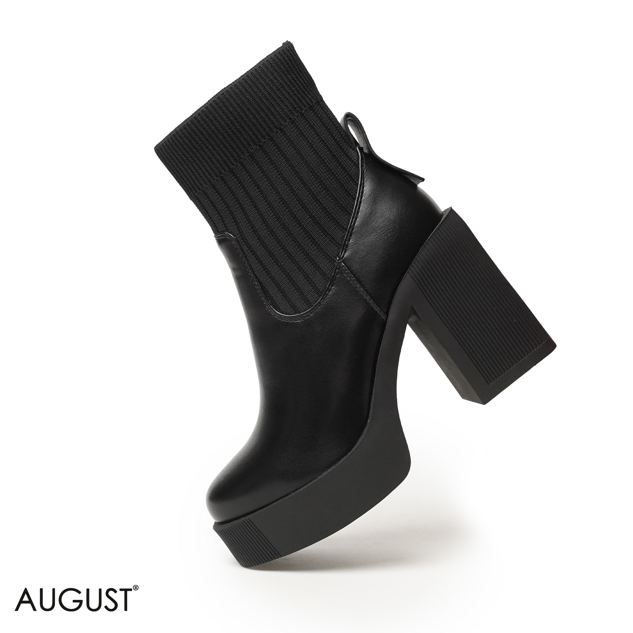 BLACK STRETCHY SOCK HEELED ANKLE BOOTS