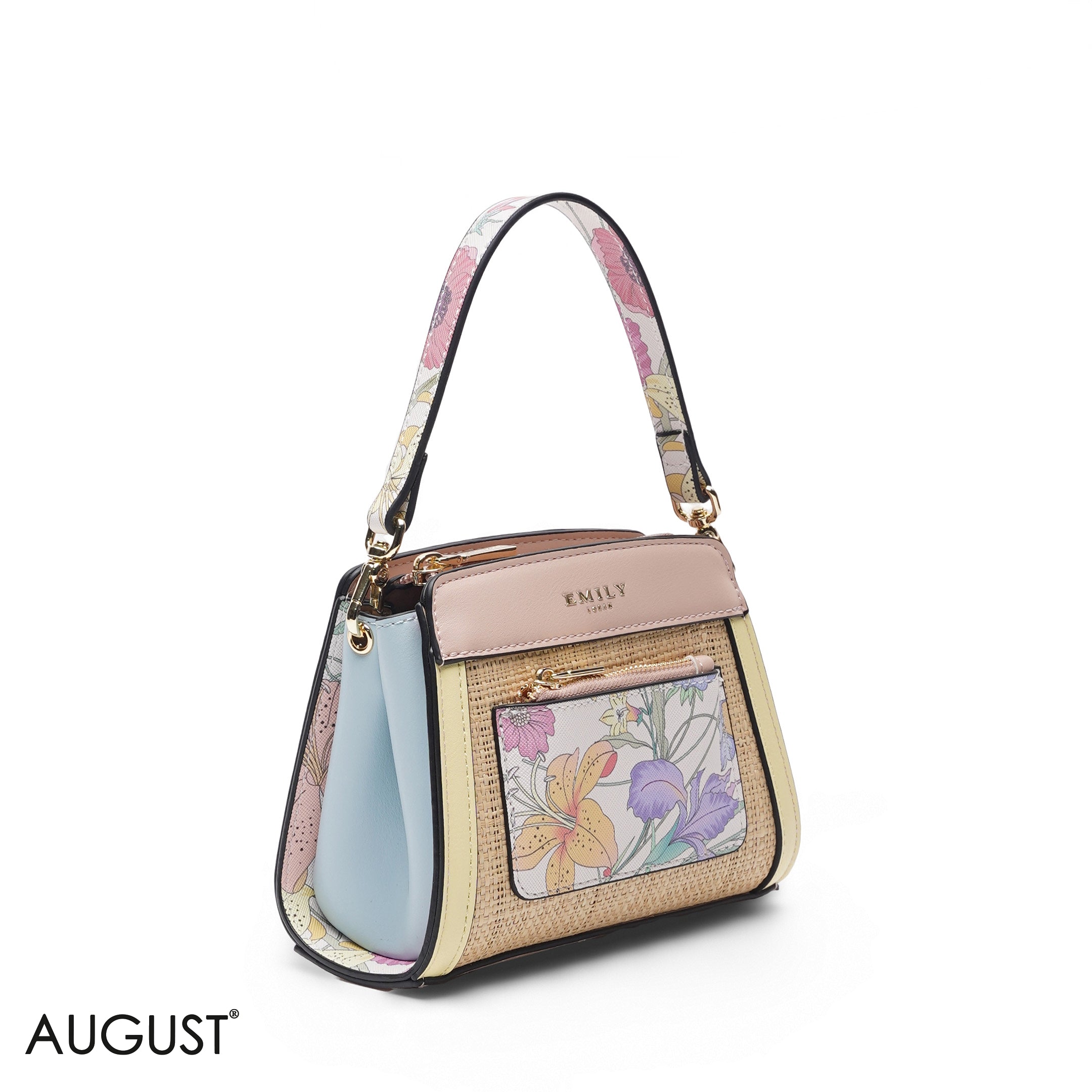 MINI MULTI COLOR STRAW FLORAL BAG WITH FRONT POUCH & GOLD METAL STRAP
