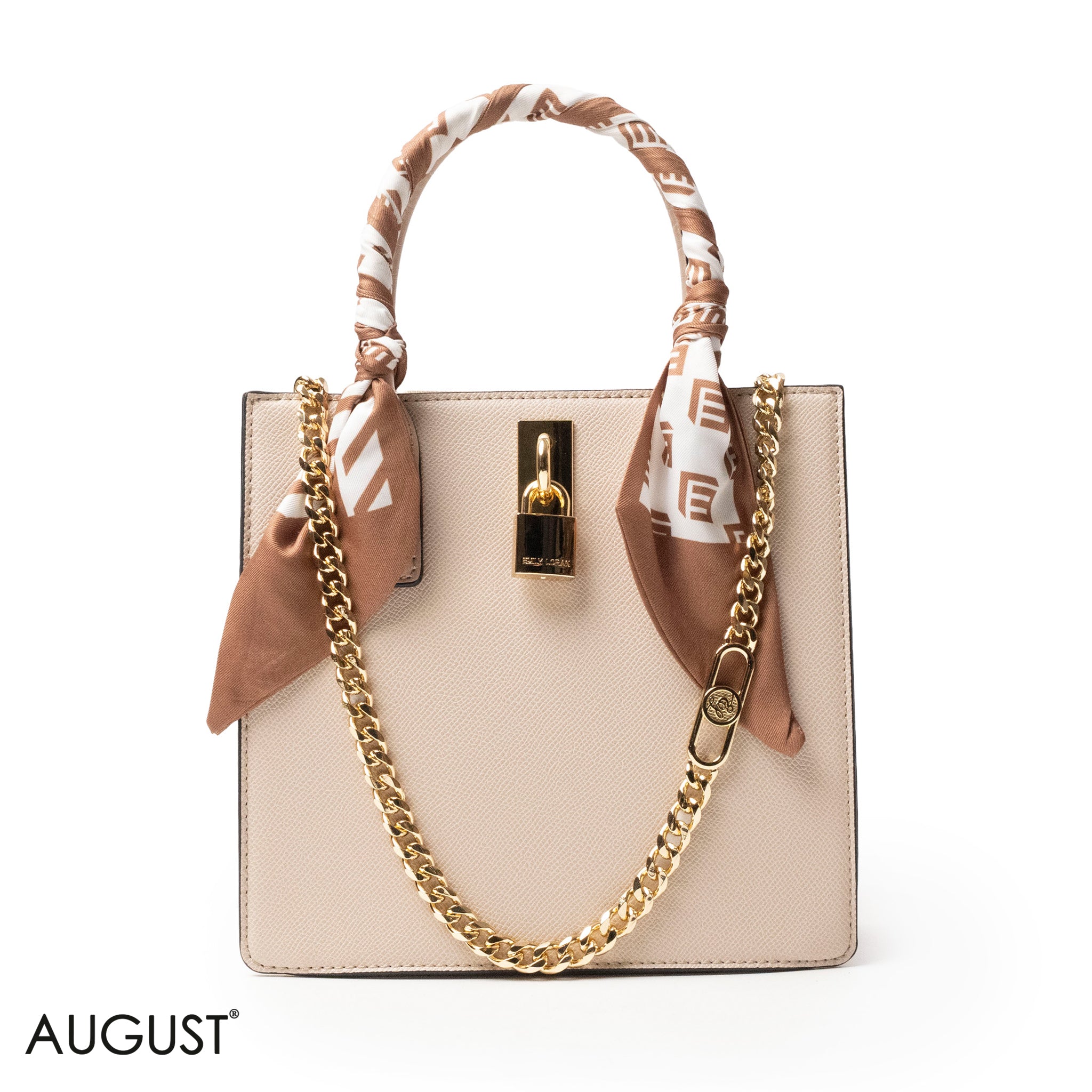 CREAMY LEATHER HANDBAG WITH SILKY SCARF, METAL CHAIN - MED