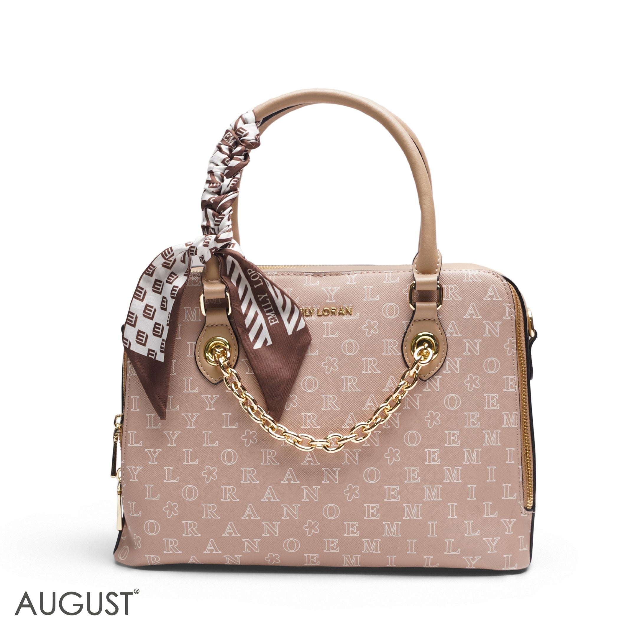 BEIGE EMILY LETTER PRINT SATCHEL BAG WITH SCARF ACCENT - MED