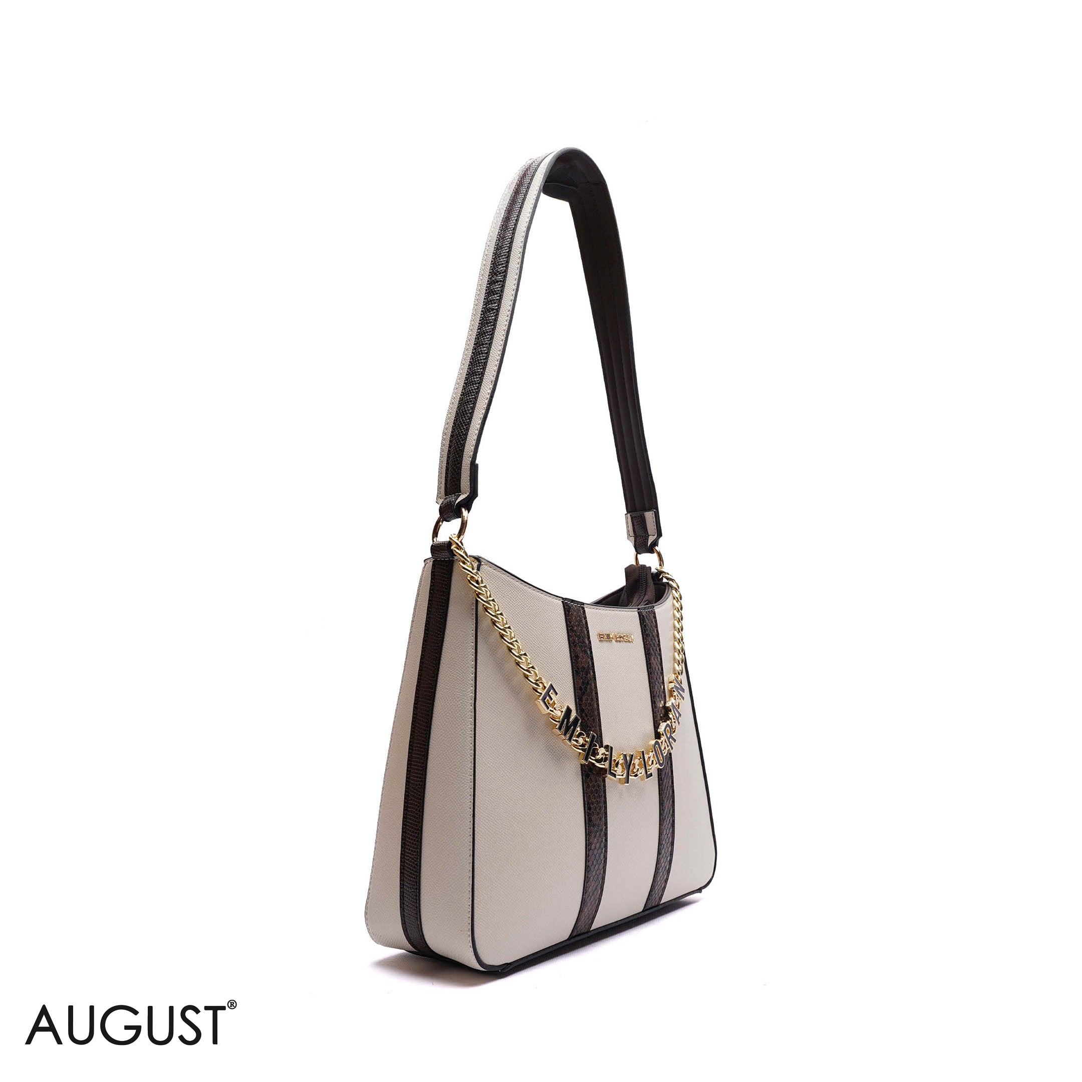 BEIGE SHOULDER BAG WITH LOGO CHAIN