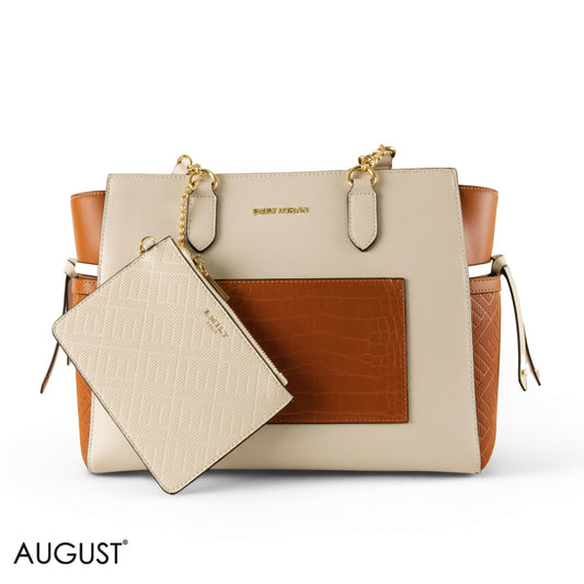 CREAMY LEATHER SHOULDER BAG WITH CAMEL CROC ACCENTS - LARGE