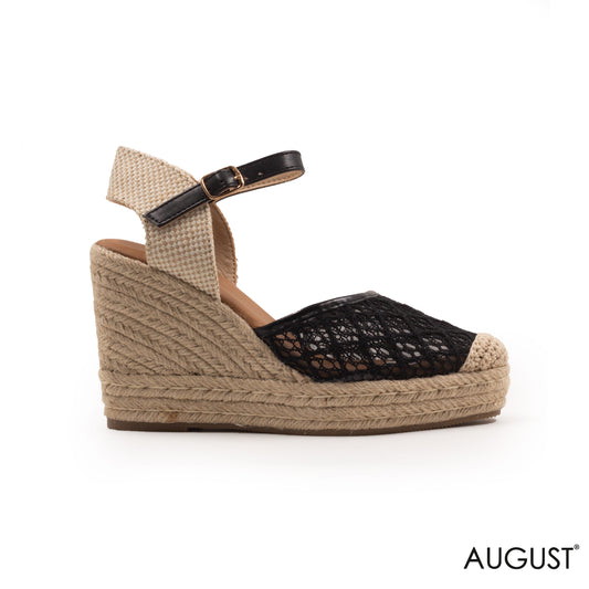 BLACK LACE DATAIL WEDGE SANDALS WITH BUCKLE