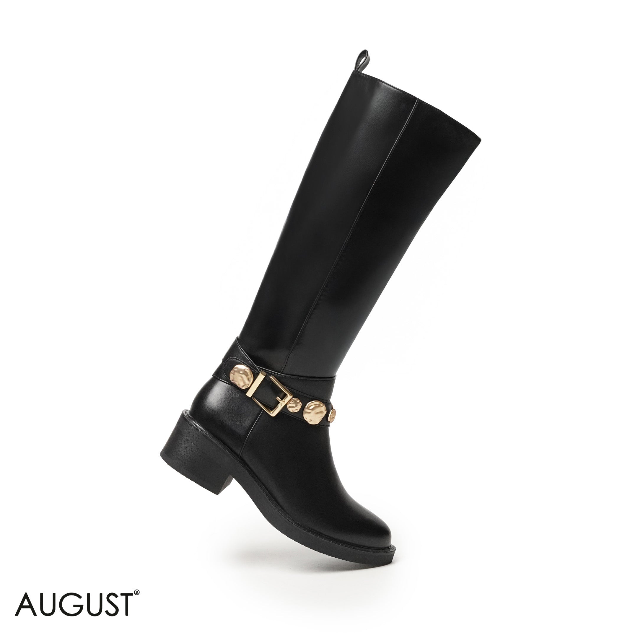 SMOOTH LEATHER LONG BOOTS WITH METAL ACCENTS