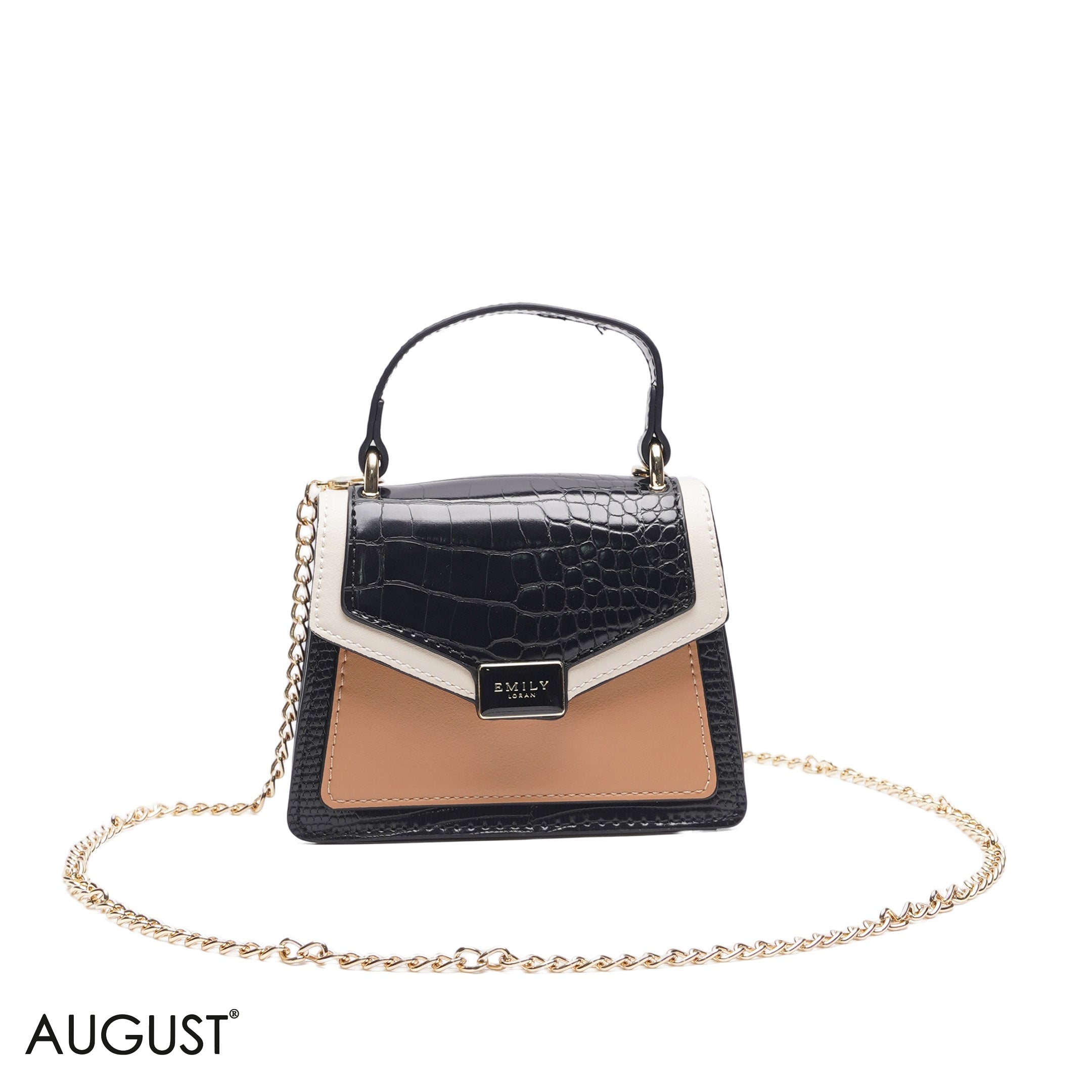 MINI BLACK & TAN BAG WITH GOLD METAL STRAP