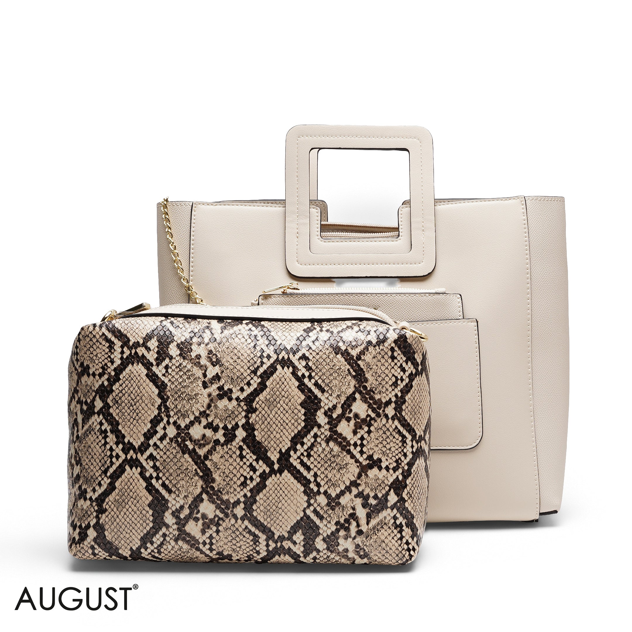 CREAM TEXTURED LEATHER TOTE WITH SNAKESKIN POUCH BAG