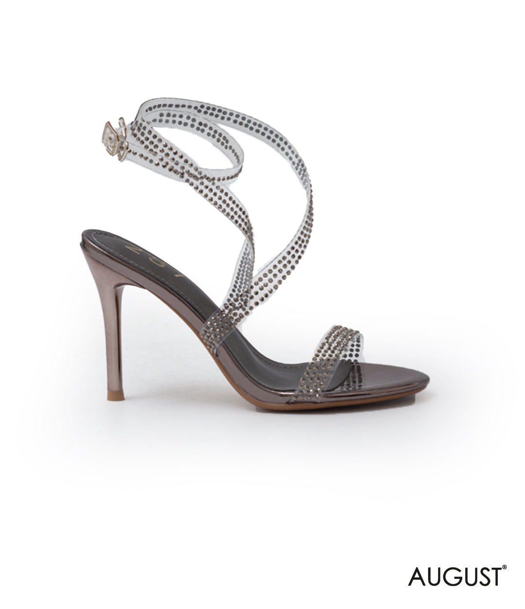 CRYSTAL-EMBELLISHED SILVER STRAPPY HIGH-HEELED SANDAL