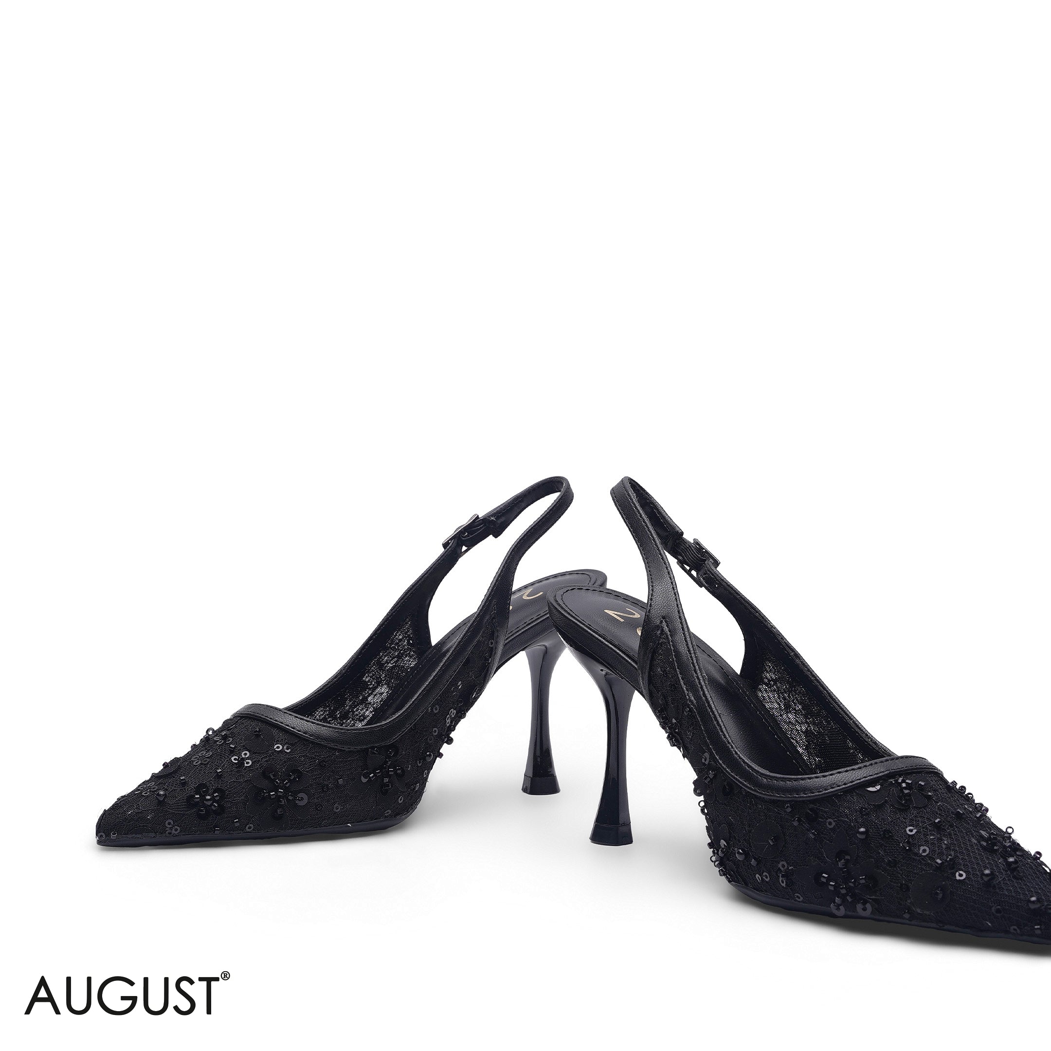 CLASSIC BLACK LACE FLORAL EMBROIDERED SLINGBACK HEELS