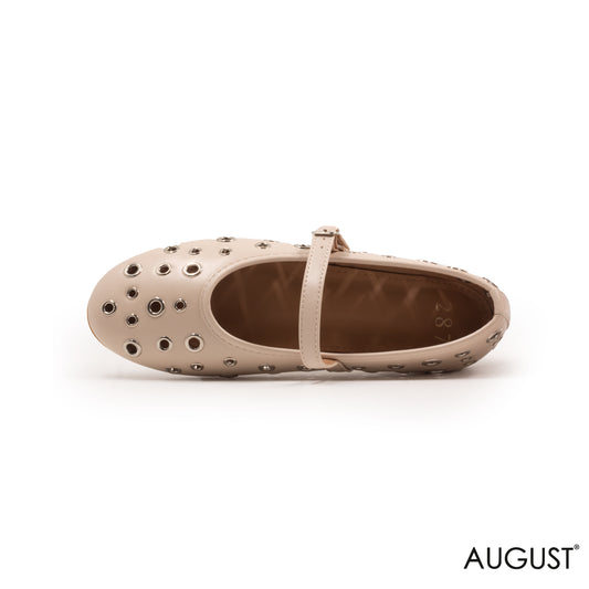BEIGE LEATHER FLAT BALLET WITH METAL EYELETS AND BUCKLE