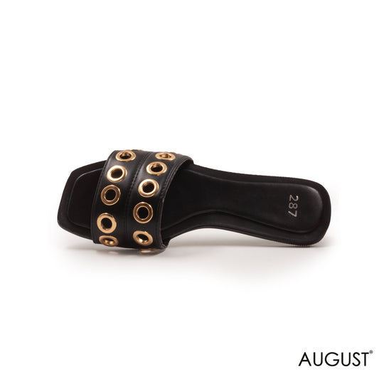 BLACK LEATHER FLAT SLIPPERS WITH GOLD GROMMETS