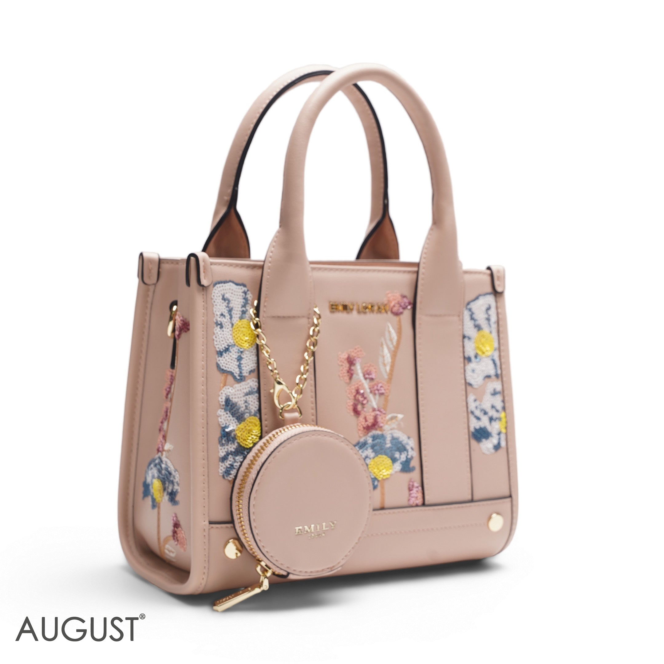 PEACH SEQUIN FLORAL TOTE WITH ROUND POUCH