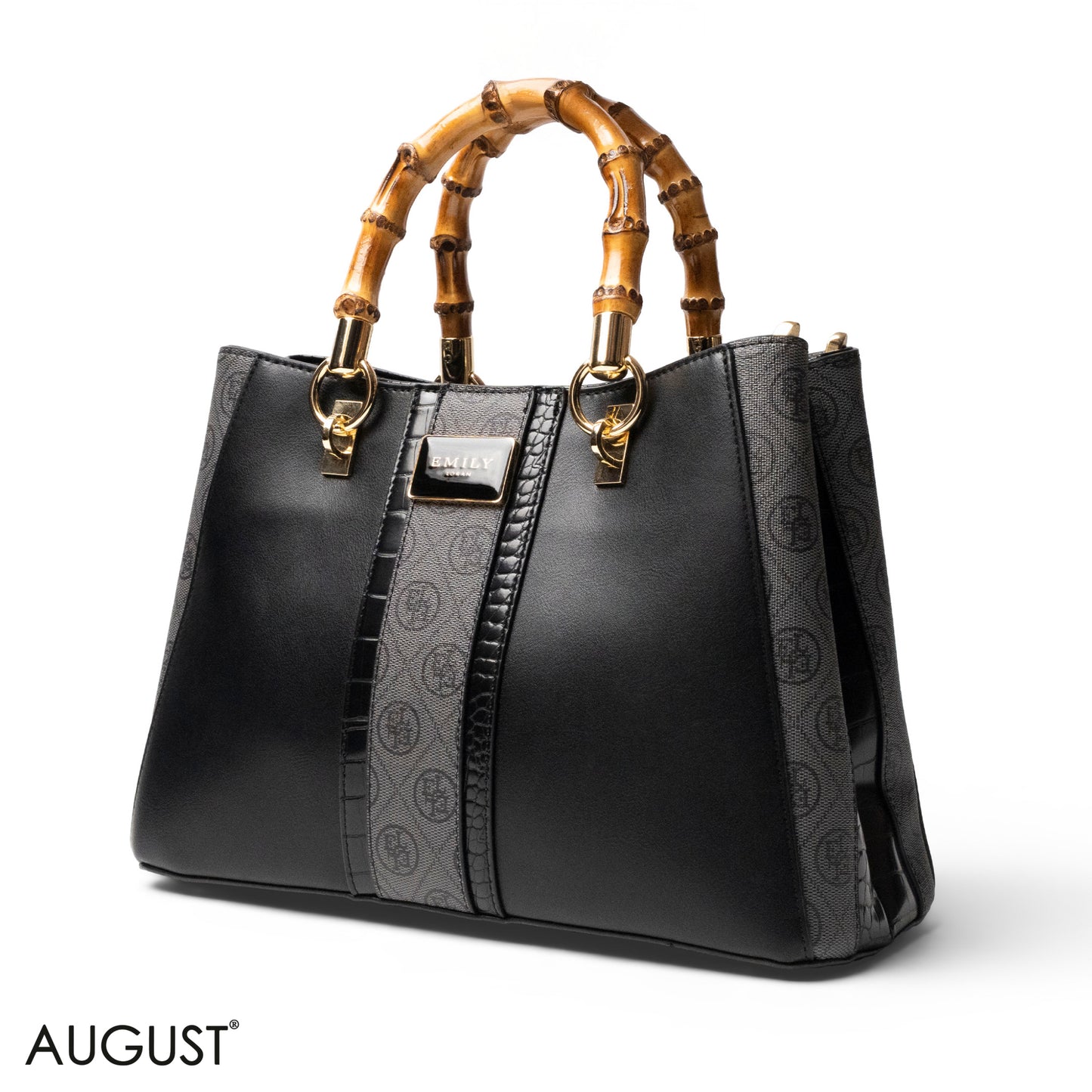 EMILY LORAN LEATHER,CANVAS HANDBAG WITH BAMBOO-HANDLED -MED